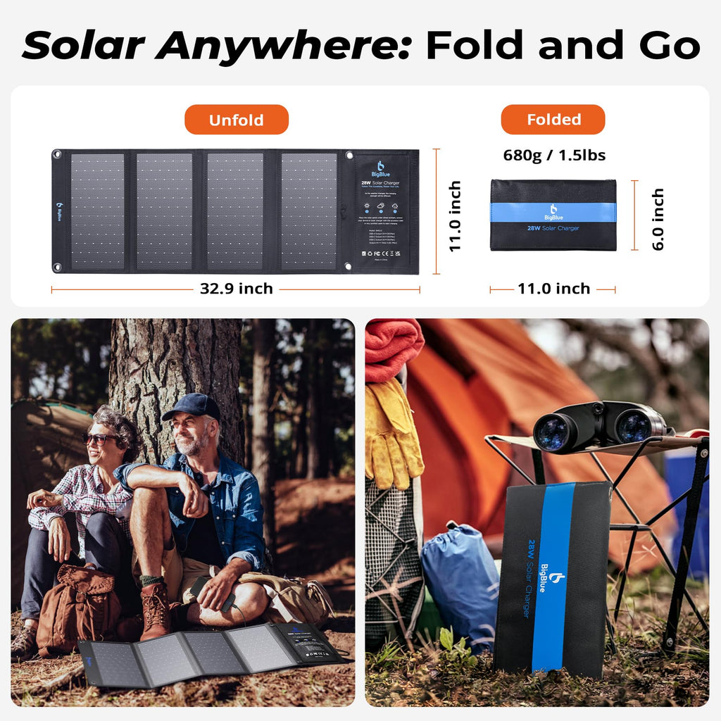 BigBlue 28W Solar Panel Charger with Dual USB-C and USB-A, Portable Solar Phone Charger for Camping, Hiking, Backpacking, Emergency Solar Charger for iPhone, iPad, Samsung Galaxy, Power Bank, GPS etc
