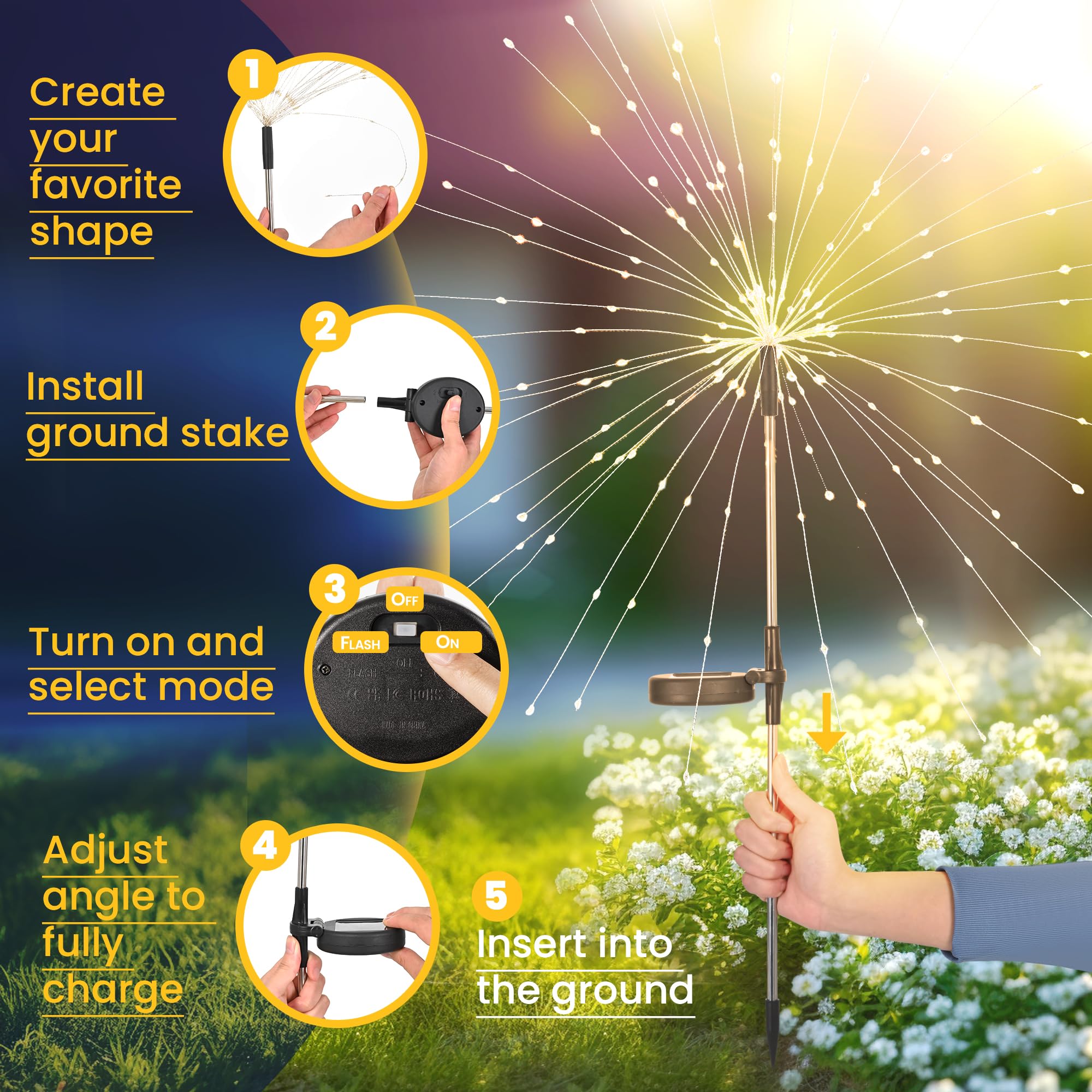 GIGALUMI 2 Pack Solar Firework Lights Outdoor, Garden Decor, Warm White | 120 LEDs, Fairy Design, Waterproof, Garden Decor, Solar Powered for Yard, Pathway, Flowerbed, Planter, Balcony, Gifts for Mom