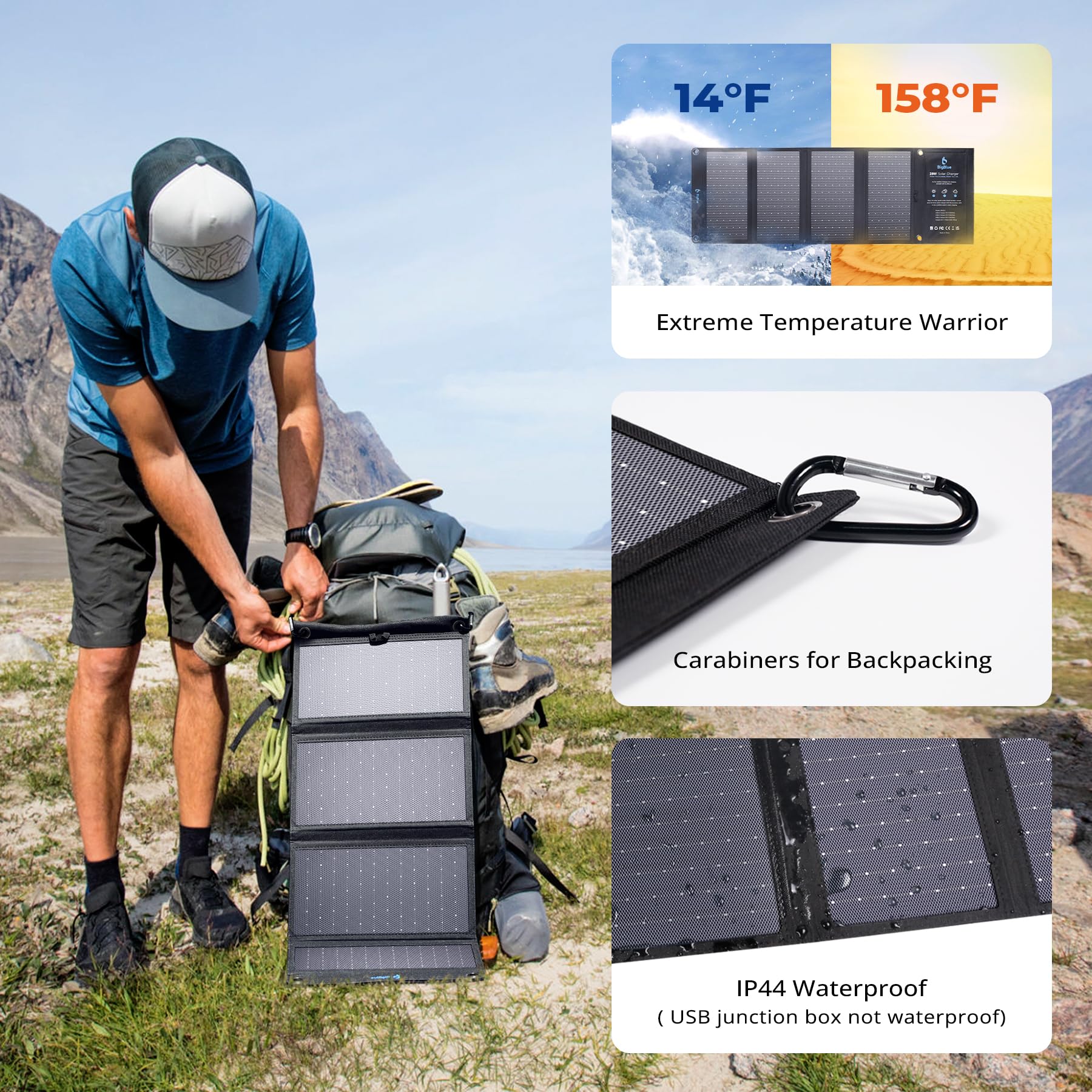 BigBlue 28W Solar Panel Charger with Dual USB-C and USB-A, Portable Solar Phone Charger for Camping, Hiking, Backpacking, Emergency Solar Charger for iPhone, iPad, Samsung Galaxy, Power Bank, GPS etc