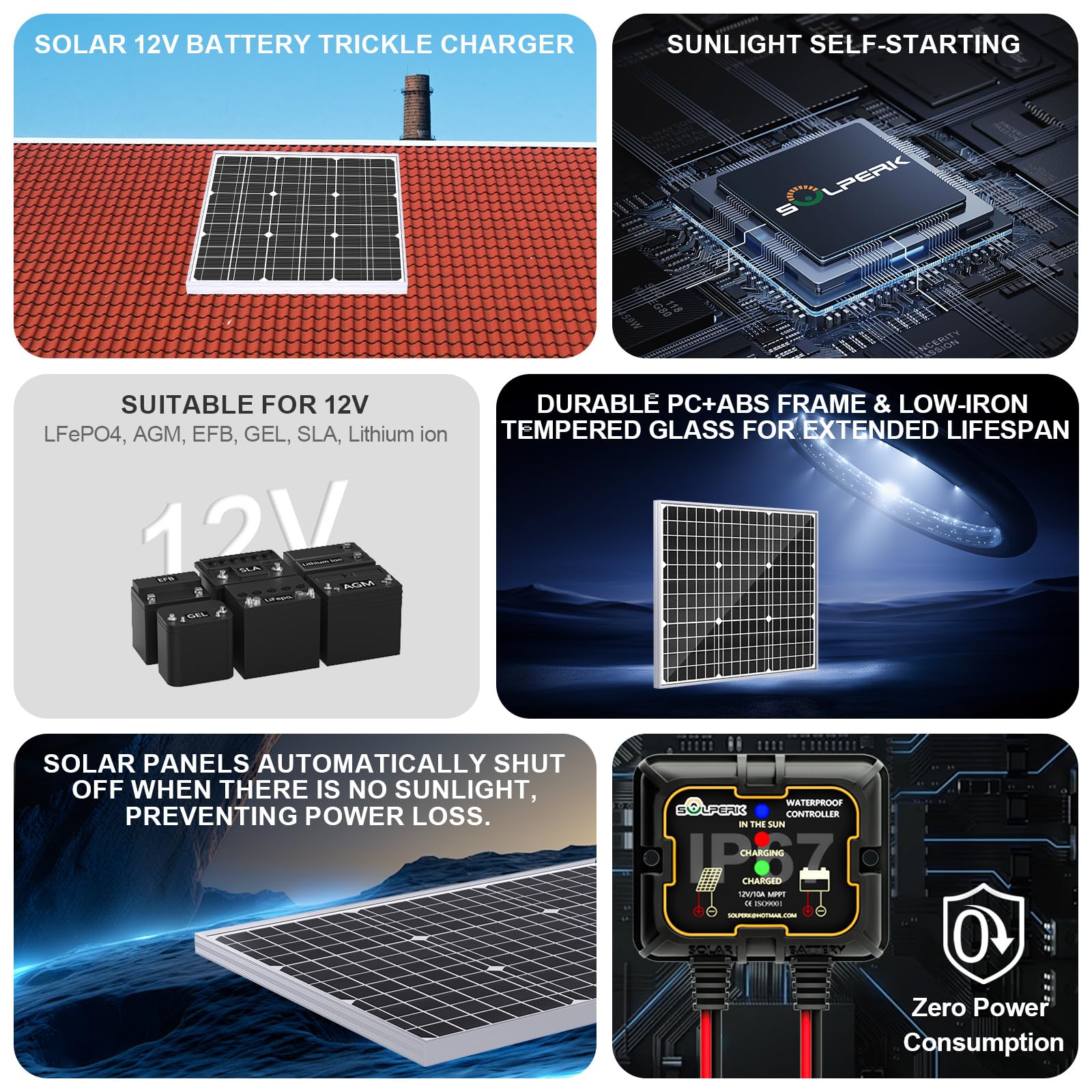 SOLPERK Solar Panel Kit 50W 12V, Waterproof Solar Battery Trickle Charger Maintainer + Smart MPPT Controller + Adjustable Mount Bracket for Boat Car RV Motorcycle(Without Mounting Bracket)