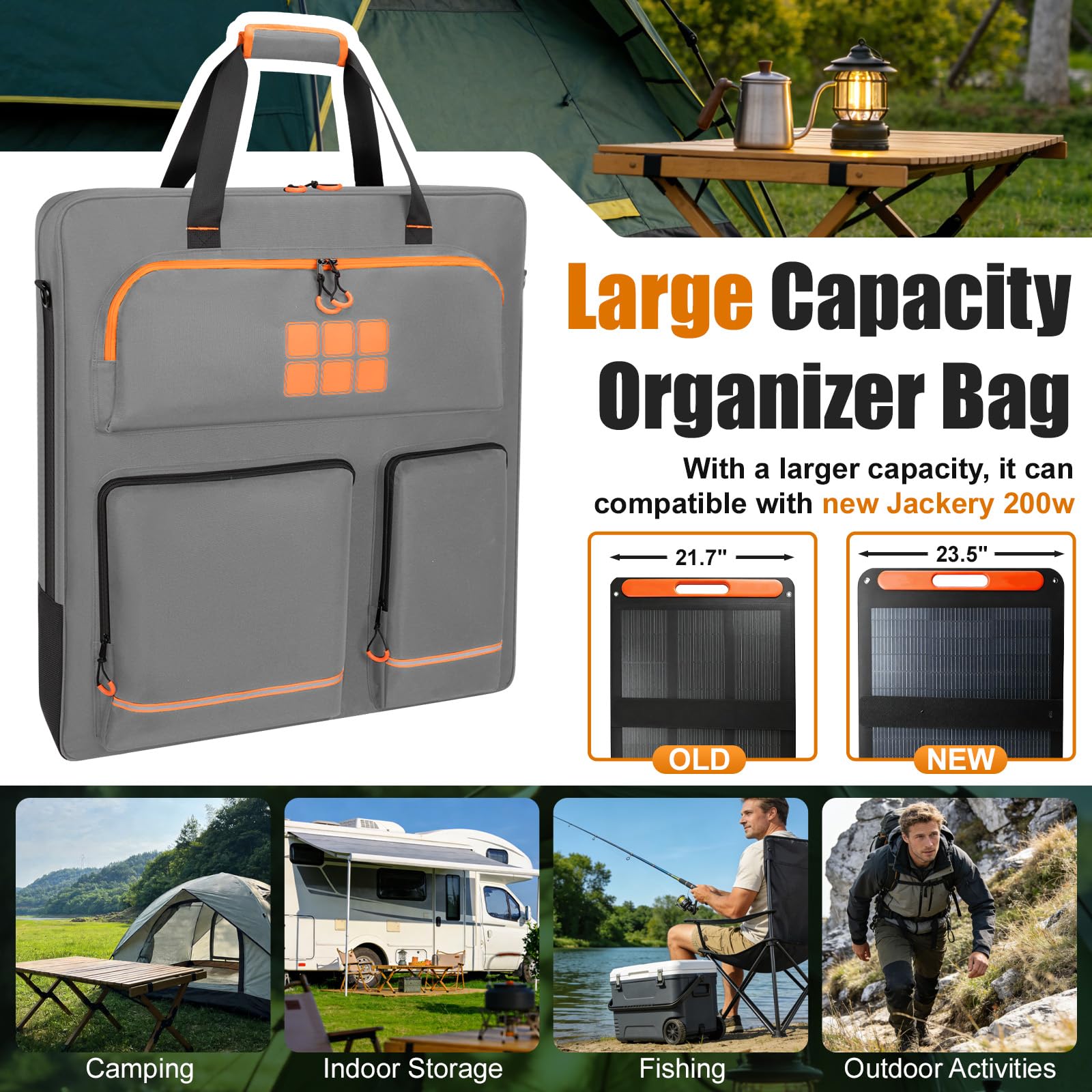 Solar Panel Storage Bag Fit for New Jackery SolarSaga 200W 100W | Orange Lining, Deepened Opening, Zipper with Pull, Multi-Accessory Space, Solar Panel Travel Carrying Case, Black