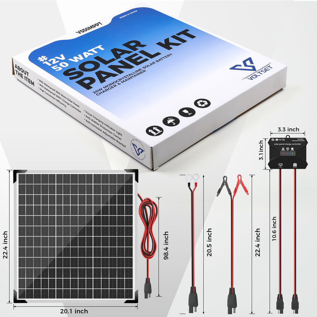 Voltset 12V Solar Battery Charger - 20W Waterproof Solar Panel Kit with Smart MPPT Controller - Trickle Charger Maintainer for Car RV Boat Marine Trailer Automotive Trailer Truck Motorcycle