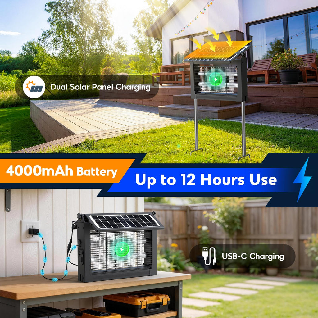 Solar Bug Zapper Outdoor, 4500V Electric Mosquito Zapper with Dual Solar Panels, Auto On/Off Mosquito Killer, IPX5 Waterproof Fly Trap for Backyard Patio Garden Camping, 1/2 Acre Coverage