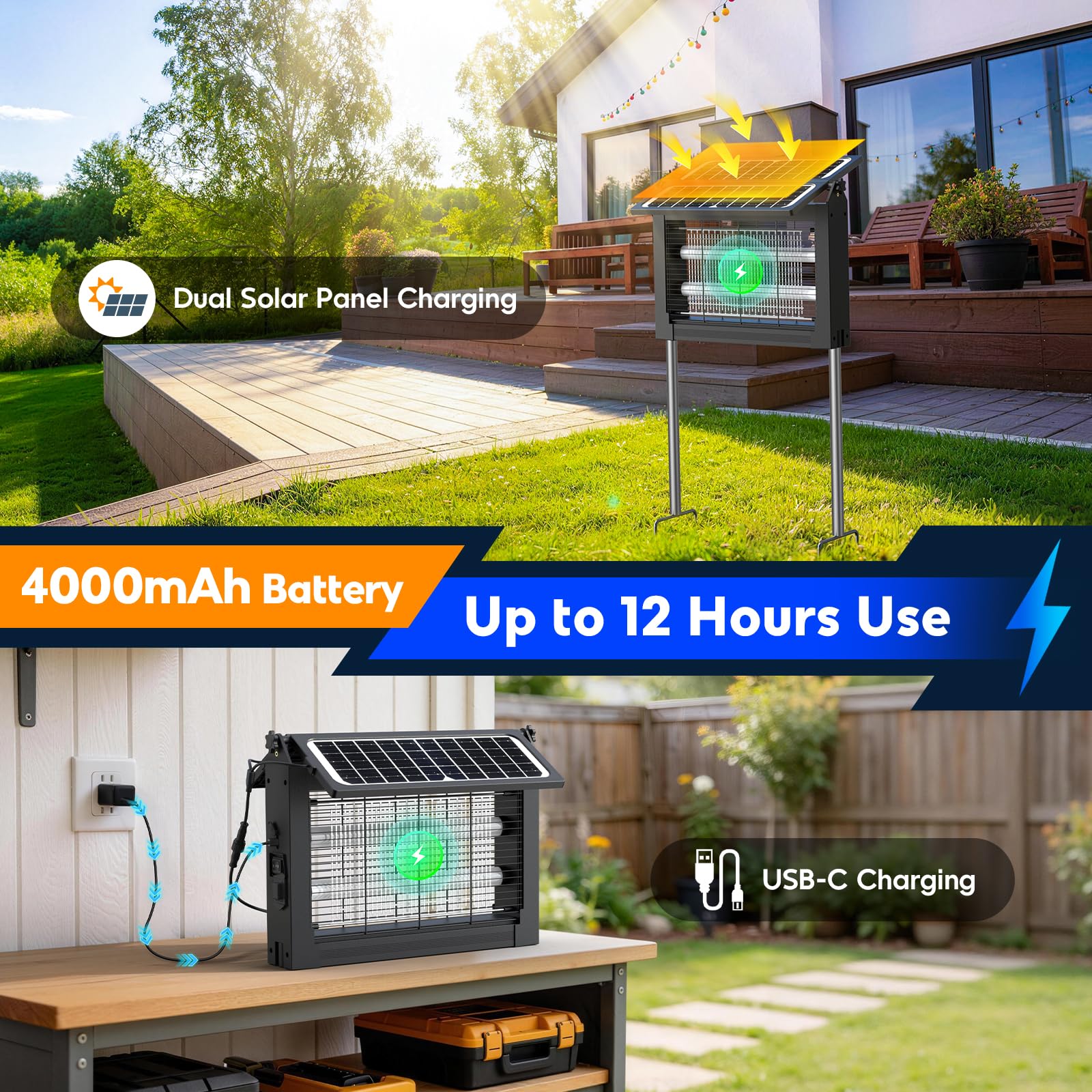 Solar Bug Zapper Outdoor, 4500V Electric Mosquito Zapper with Dual Solar Panels, Auto On/Off Mosquito Killer, IPX5 Waterproof Fly Trap for Backyard Patio Garden Camping, 1/2 Acre Coverage