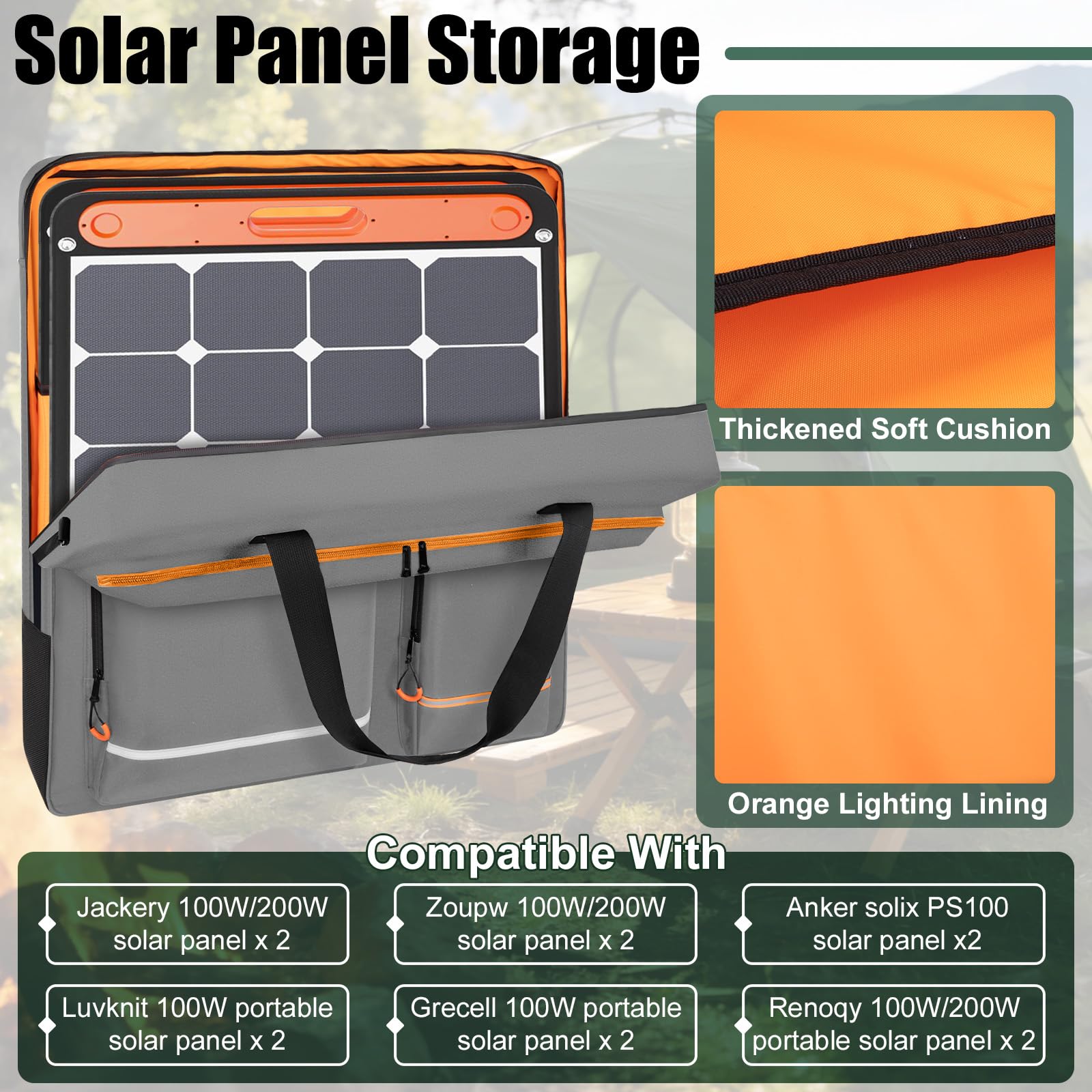 Solar Panel Storage Bag Fit for New Jackery SolarSaga 200W 100W | Orange Lining, Deepened Opening, Zipper with Pull, Multi-Accessory Space, Solar Panel Travel Carrying Case, Black