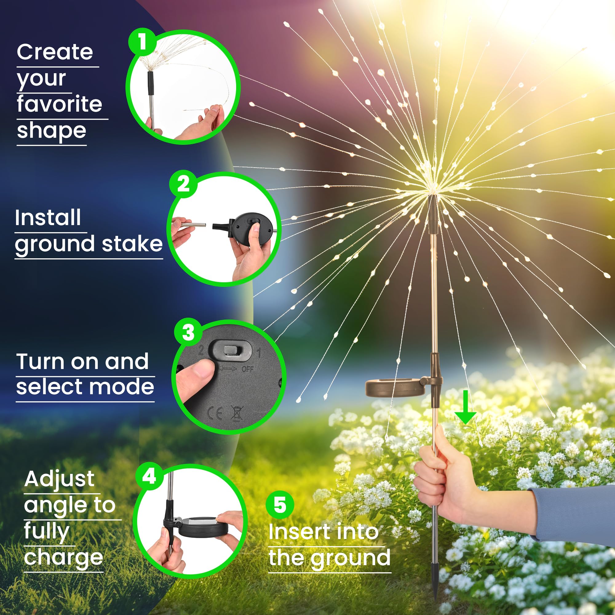 GIGALUMI 2 Pack Solar Firework Lights Outdoor, Garden Decor, Warm White | 120 LEDs, Fairy Design, Waterproof, Garden Decor, Solar Powered for Yard, Pathway, Flowerbed, Planter, Balcony, Gifts for Mom