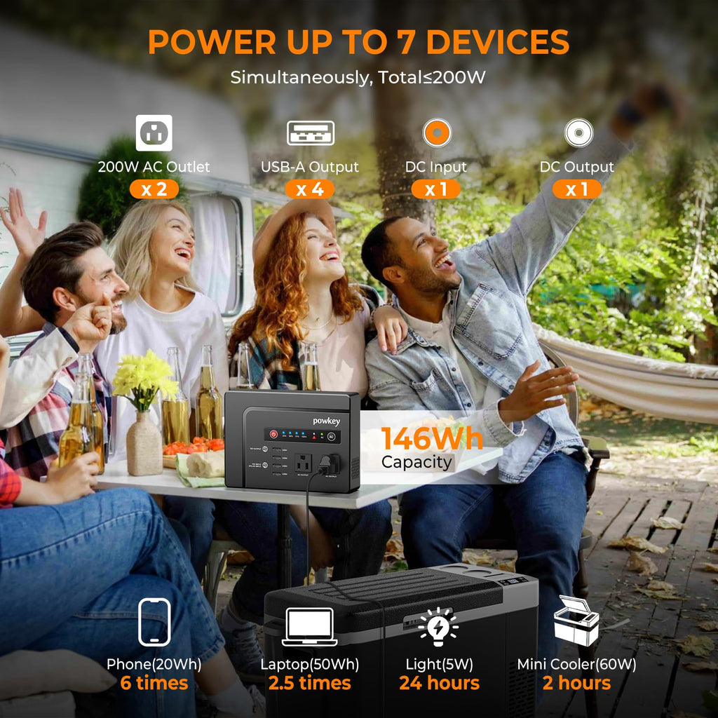 200W Solar Powered Generator, Portable Power Station with Solar Panel 40W | Powkey 146Wh Power Bank with 120V AC Outlet, Pure Sine Wave Lithium Battery for Outdoor Camping Emergency Home