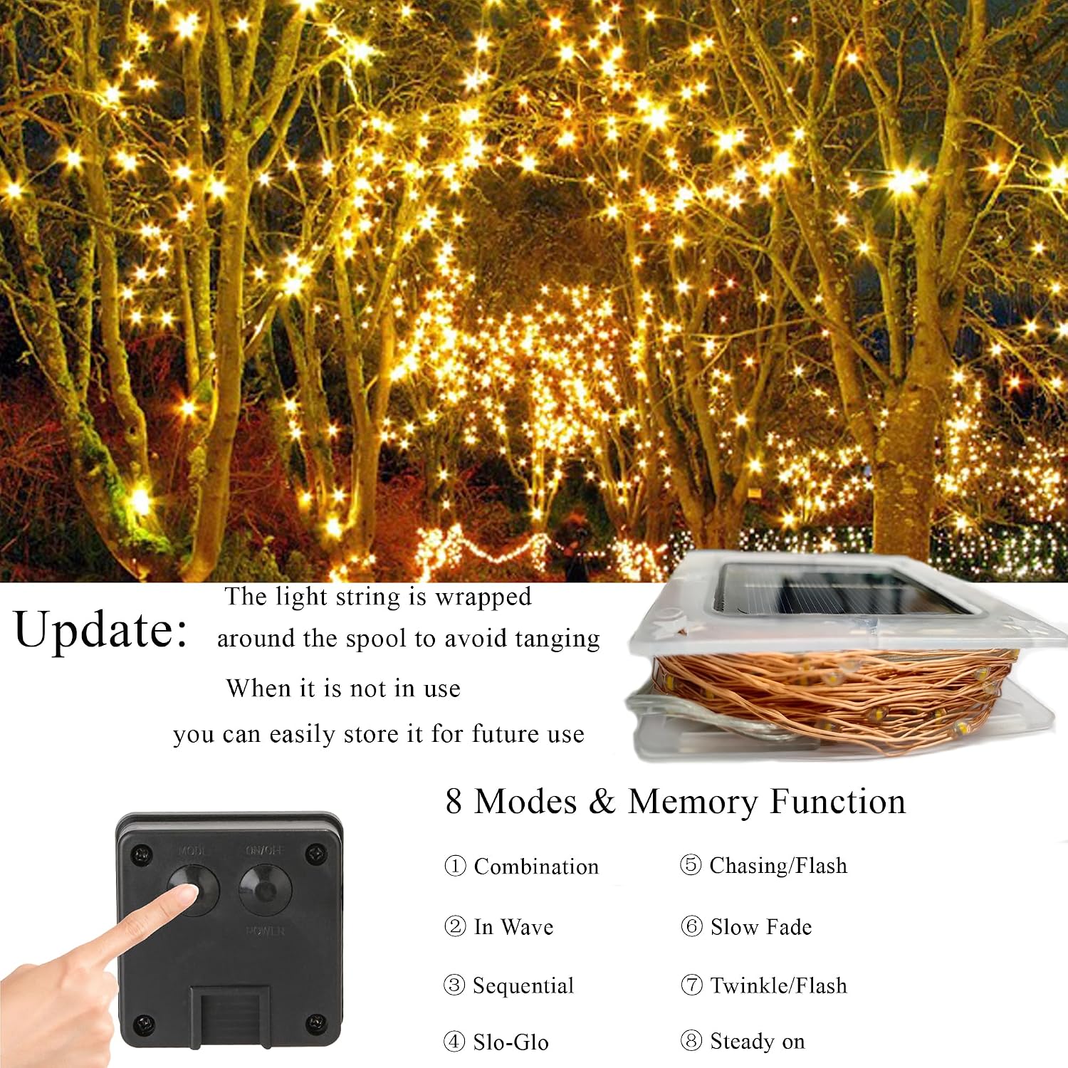 Joomer Solar Fairy Lights, 2-Pack Total 80FT 240LED Lights, Warm White | Copper Wire, Solar String Light Waterproof 8 Lighting Modes for Patio Fence Party Garden Yard Home Outdoor Decoration