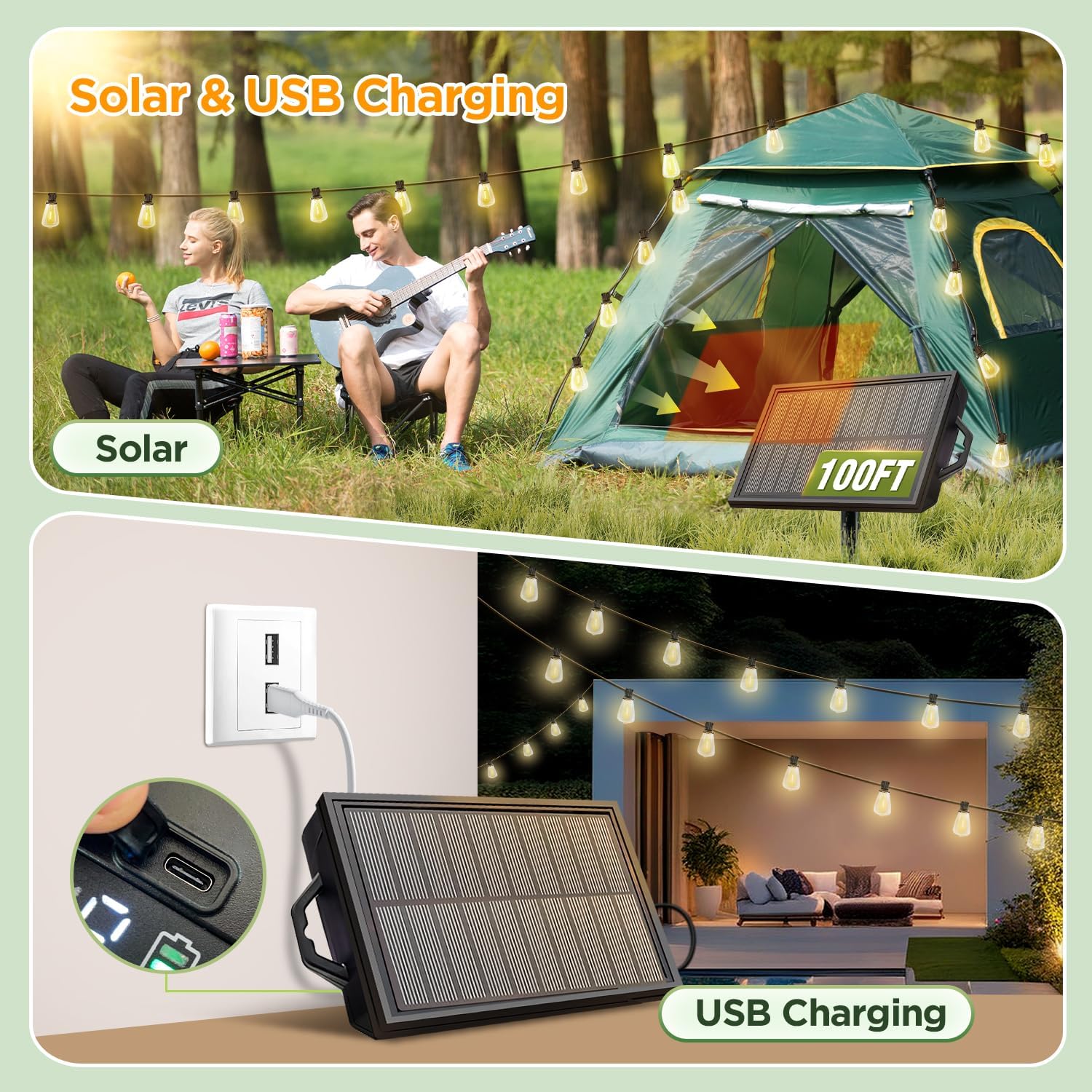 100FT Solar String Lights Outdoor Waterproof with Remote & Timer, LED Shatterproof ST38 Bulbs, USB & Solar Powered Patio Lights for Backyard, Porch, Garden, Wedding Decor, Dusk to Dawn Lighting