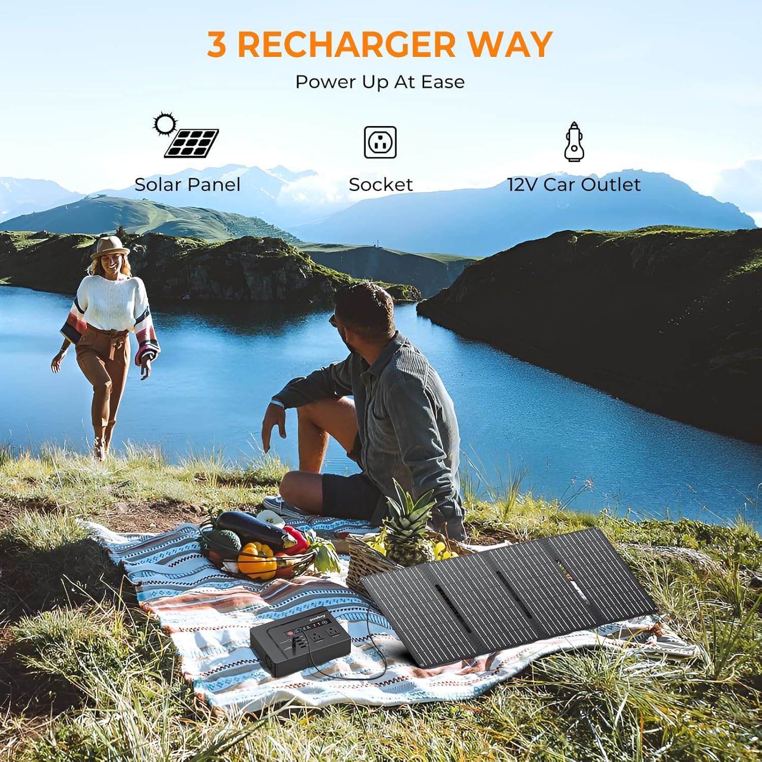 200W Solar Powered Generator, Portable Power Station with Solar Panel 40W | Powkey 146Wh Power Bank with 120V AC Outlet, Pure Sine Wave Lithium Battery for Outdoor Camping Emergency Home