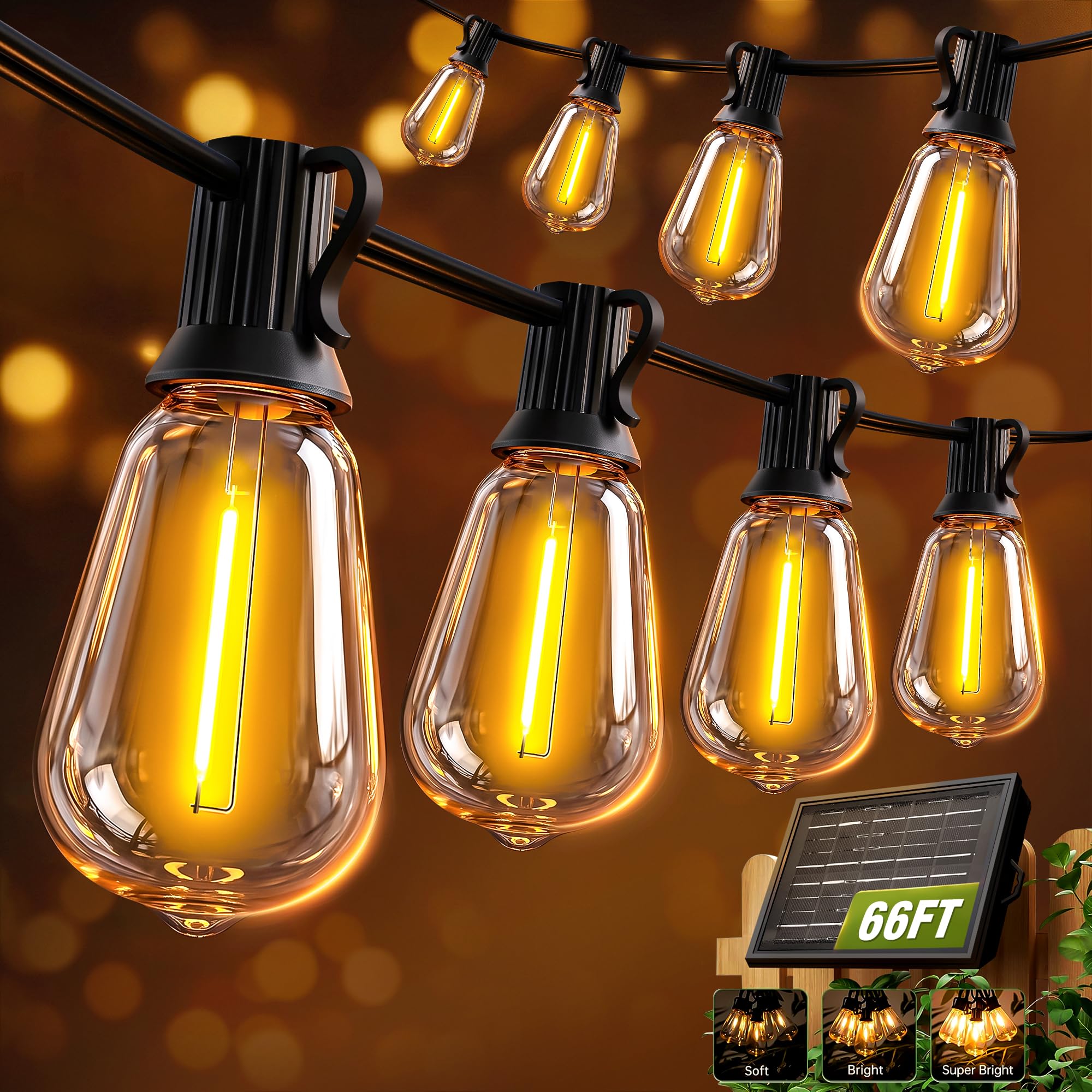 100FT Solar String Lights Outdoor Waterproof with Remote & Timer, LED Shatterproof ST38 Bulbs, USB & Solar Powered Patio Lights for Backyard, Porch, Garden, Wedding Decor, Dusk to Dawn Lighting