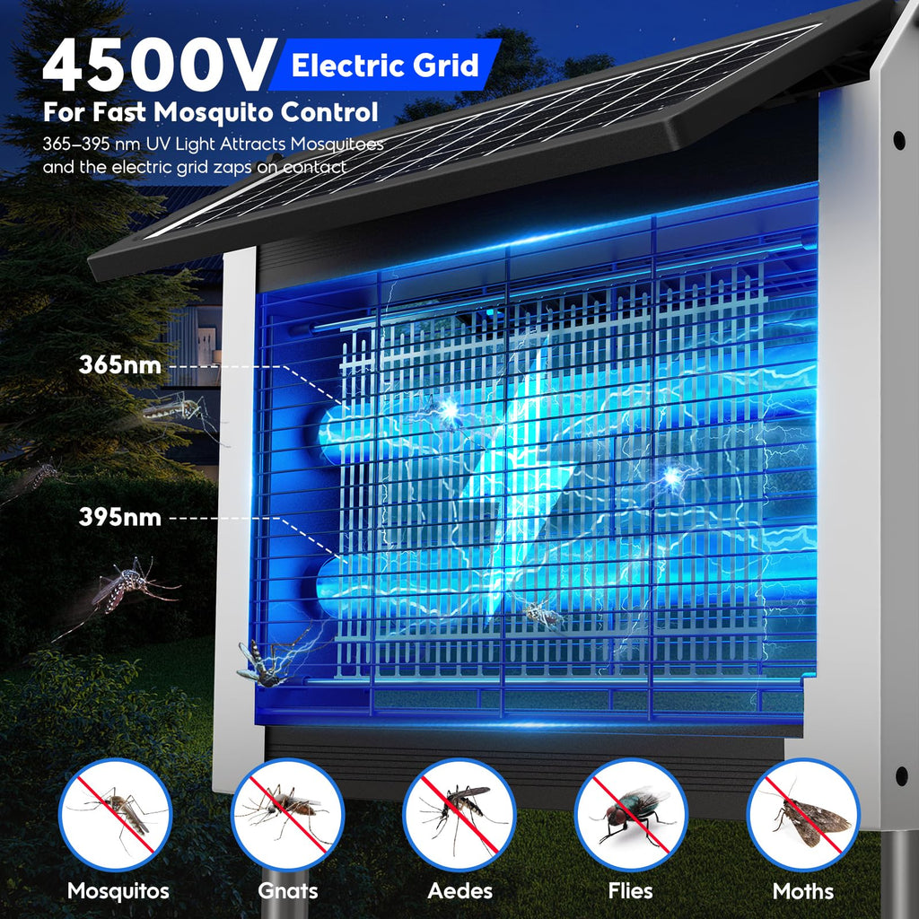 Solar Bug Zapper Outdoor, 4500V Electric Mosquito Zapper with Dual Solar Panels, Auto On/Off Mosquito Killer, IPX5 Waterproof Fly Trap for Backyard Patio Garden Camping, 1/2 Acre Coverage