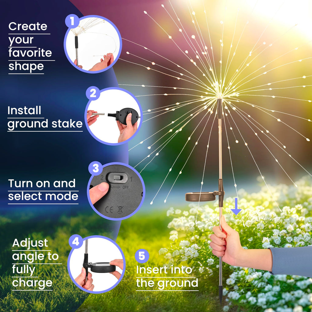 GIGALUMI 2 Pack Solar Firework Lights Outdoor, Garden Decor, Warm White | 120 LEDs, Fairy Design, Waterproof, Garden Decor, Solar Powered for Yard, Pathway, Flowerbed, Planter, Balcony, Gifts for Mom