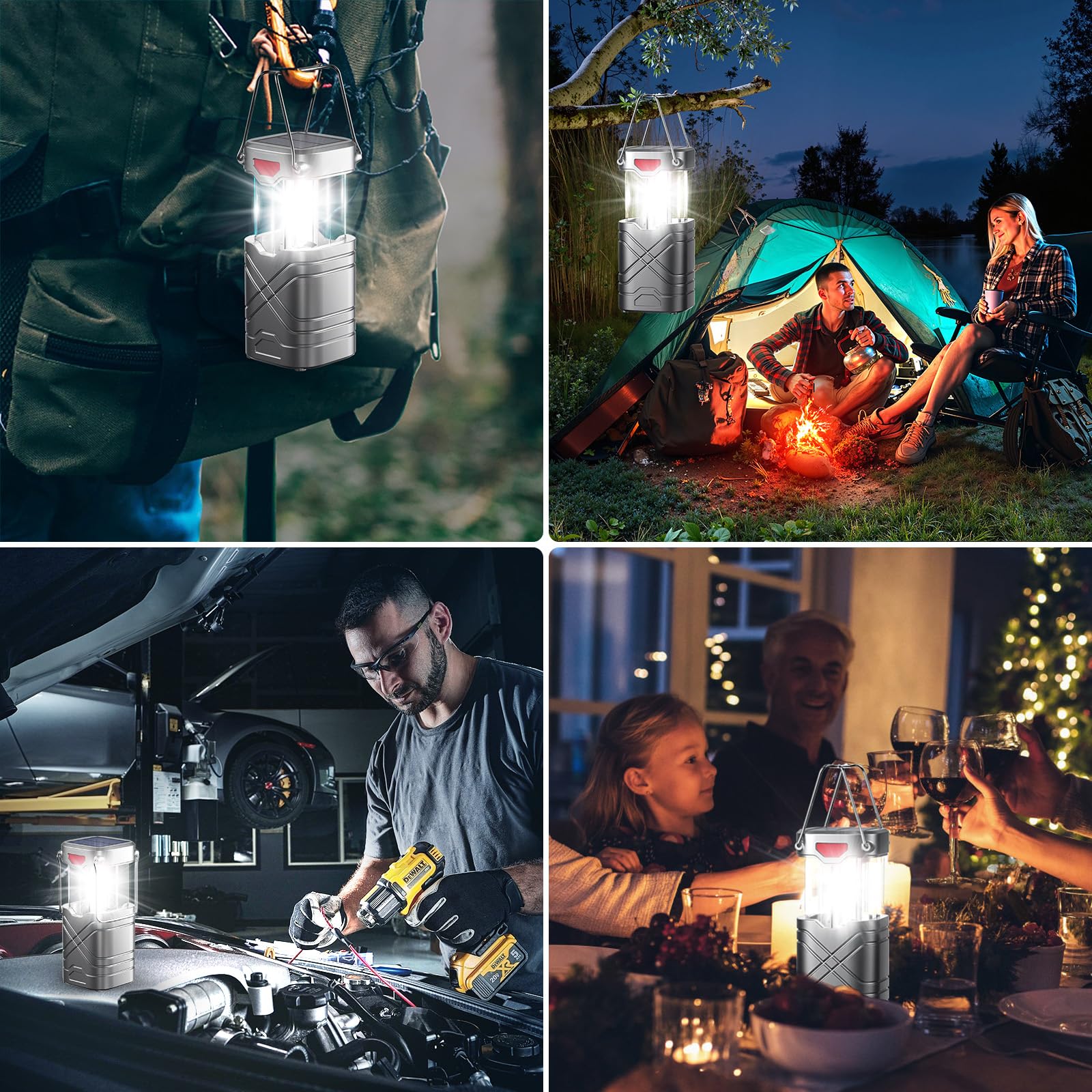 LETMY 4 Pack Camping Lantern, Rechargeable LED Lanterns, Solar Lantern Battery Powered Hurricane Lanterns Flashlight with 3 Powered Ways & USB Cable for Emergency, Power Outage, Hurricane Supplies