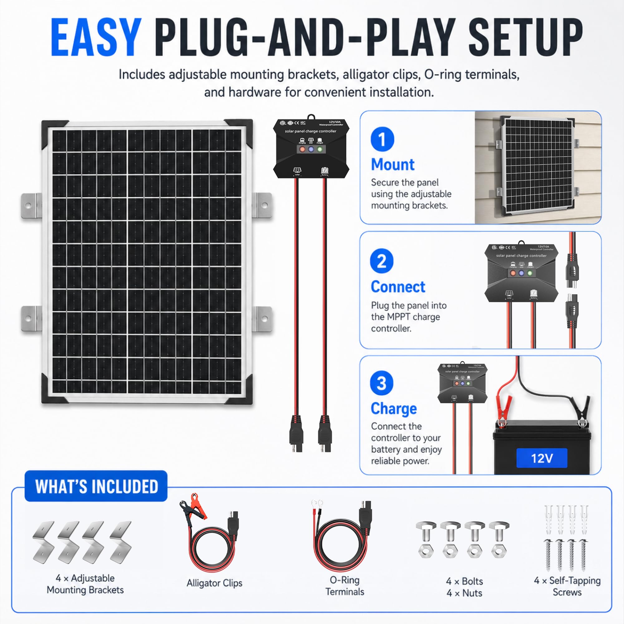 Voltset 12V Solar Battery Charger - 20W Waterproof Solar Panel Kit with Smart MPPT Controller - Trickle Charger Maintainer for Car RV Boat Marine Trailer Automotive Trailer Truck Motorcycle