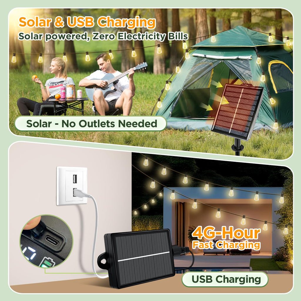 100FT Solar String Lights Outdoor Waterproof with Remote & Timer, LED Shatterproof ST38 Bulbs, USB & Solar Powered Patio Lights for Backyard, Porch, Garden, Wedding Decor, Dusk to Dawn Lighting
