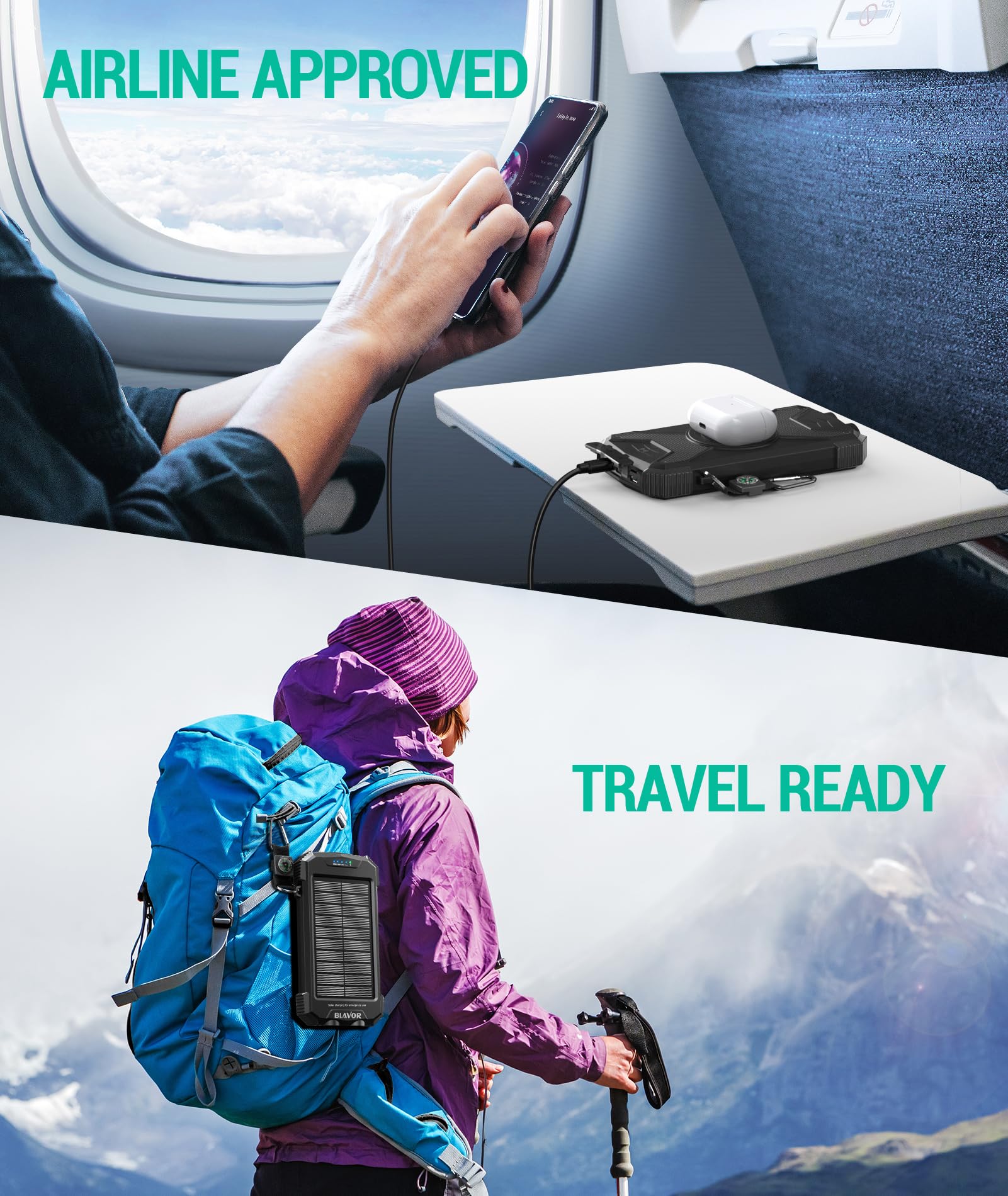 BLAVOR Solar Power Bank 10,000mAh, Portable Wireless Charger, 20W Fast Charging External Battery Pack with USB C for Cell Phones, Solar Panel Charging with Dual Flashlight for Camping