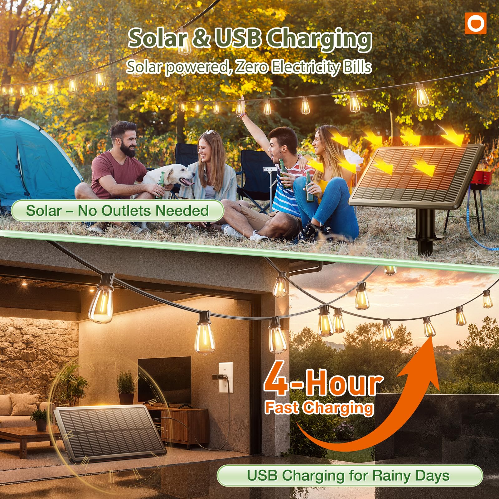 addlon 52(48+4) FT Solar String Lights Waterproof, Remote Dimmable 16+1 LED | Patio Lights Solar Powered with USB Port, Shatterproof Bulbs, 3 Light Modes, Timable Solar Light for Camping Backyard Garden