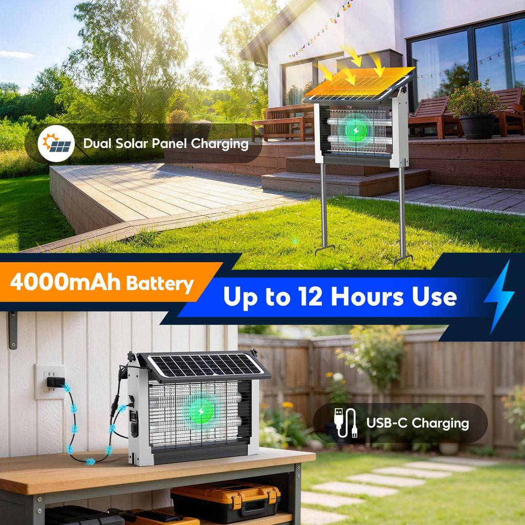 Solar Bug Zapper Outdoor, 4500V Electric Mosquito Zapper with Dual Solar Panels, Auto On/Off Mosquito Killer, IPX5 Waterproof Fly Trap for Backyard Patio Garden Camping, 1/2 Acre Coverage