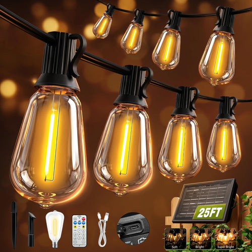 100FT Solar String Lights Outdoor Waterproof with Remote & Timer, LED Shatterproof ST38 Bulbs, USB & Solar Powered Patio Lights for Backyard, Porch, Garden, Wedding Decor, Dusk to Dawn Lighting