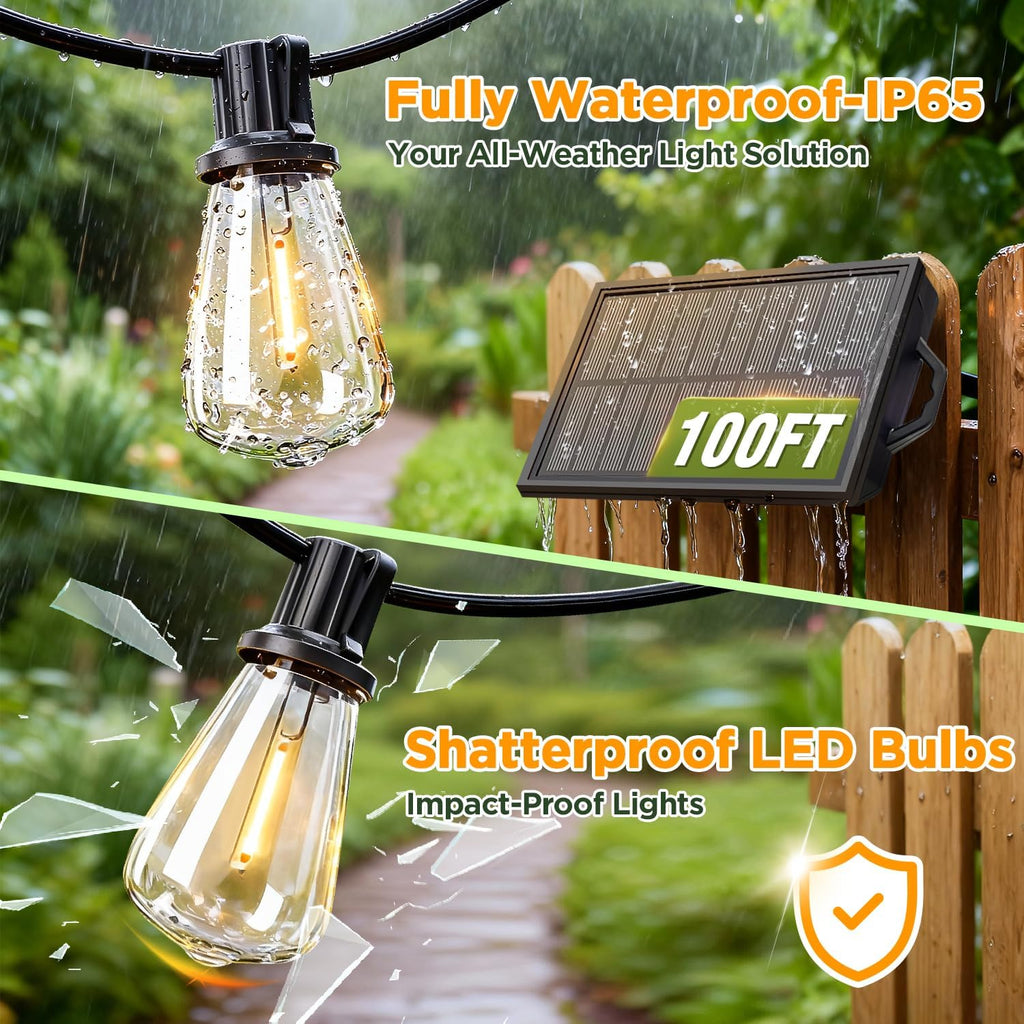 100FT Solar String Lights Outdoor Waterproof with Remote & Timer, LED Shatterproof ST38 Bulbs, USB & Solar Powered Patio Lights for Backyard, Porch, Garden, Wedding Decor, Dusk to Dawn Lighting