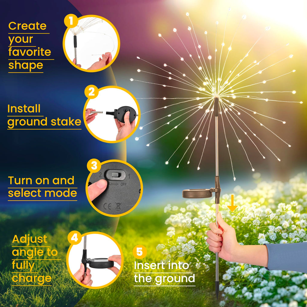 GIGALUMI 2 Pack Solar Firework Lights Outdoor, Garden Decor, Warm White | 120 LEDs, Fairy Design, Waterproof, Garden Decor, Solar Powered for Yard, Pathway, Flowerbed, Planter, Balcony, Gifts for Mom
