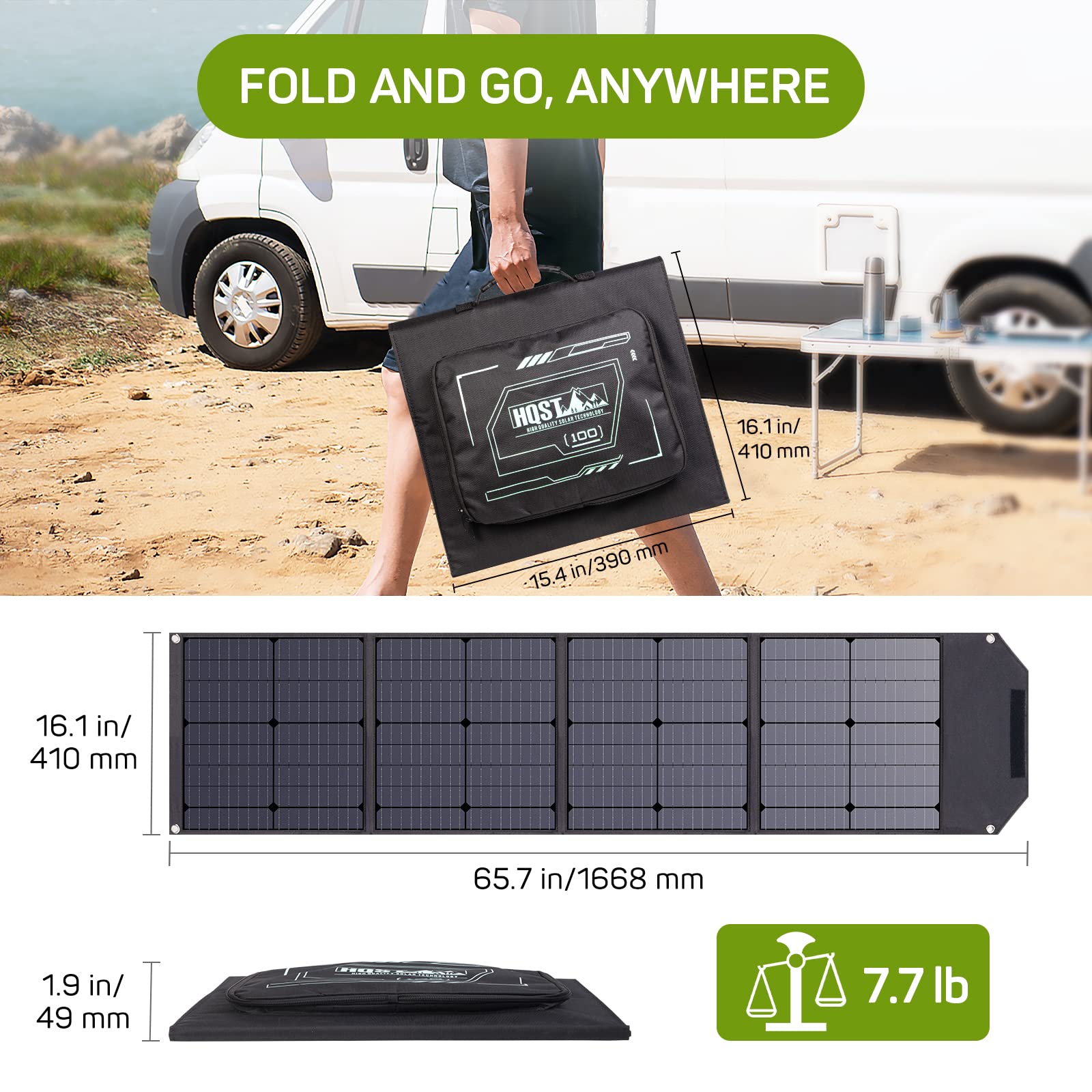 HQST 100W Portable Solar Panel, N-Type, 25% Efficiency, IP67 Waterproof | Only 5.91 lb, Foldable, 3-in-1 Adapter Cable & Adjustable Kickstands for Power Stations,Camping, RV, Off-Grid & Emergency