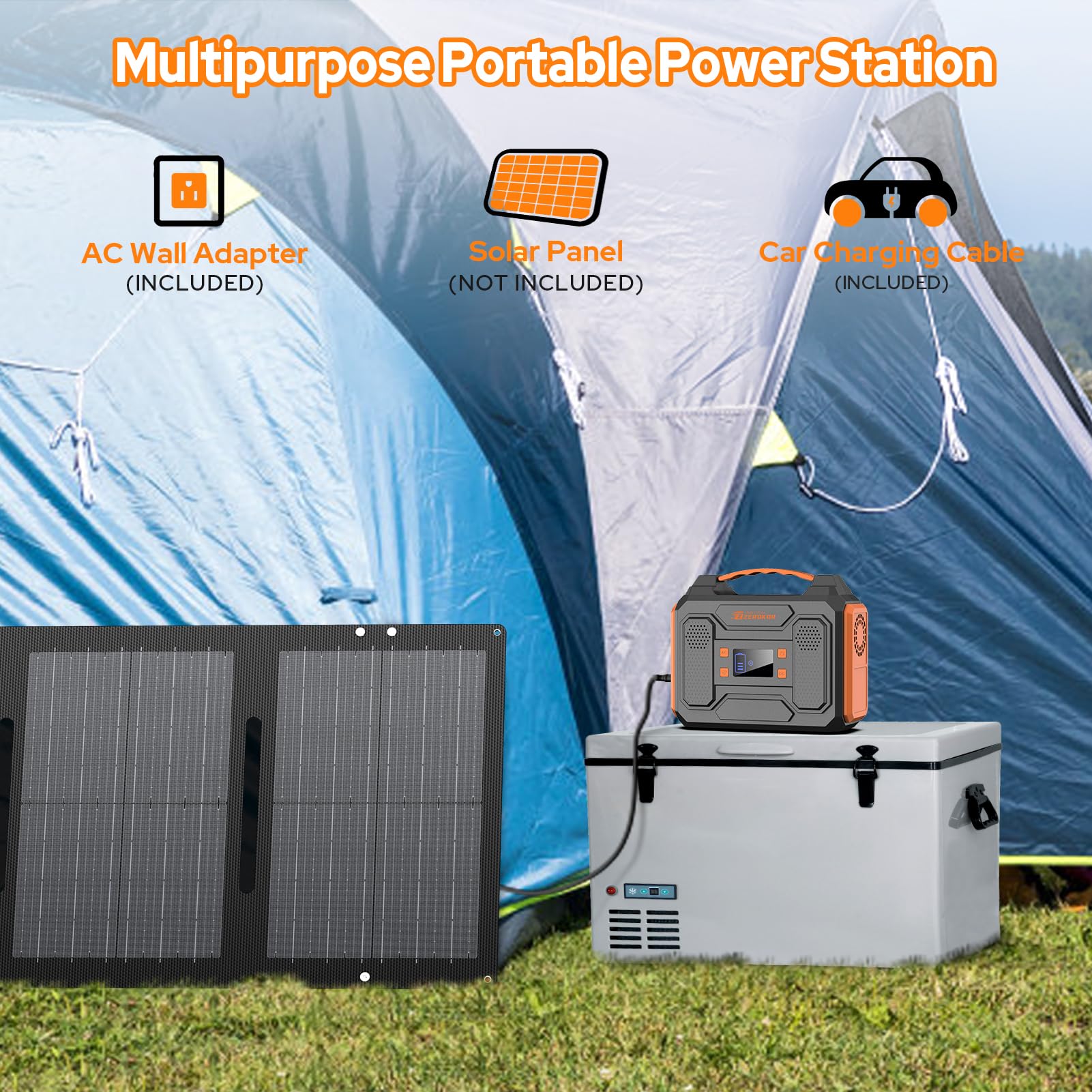 Portable Solar Generator, 300W Portable Power Station with Foldable 60W Solar Panel,110V Pure Sine Wave 280Wh Battery Power Pack with USB DC AC Outlet for Camping Smart Devices RV Van Outdoor-Orange