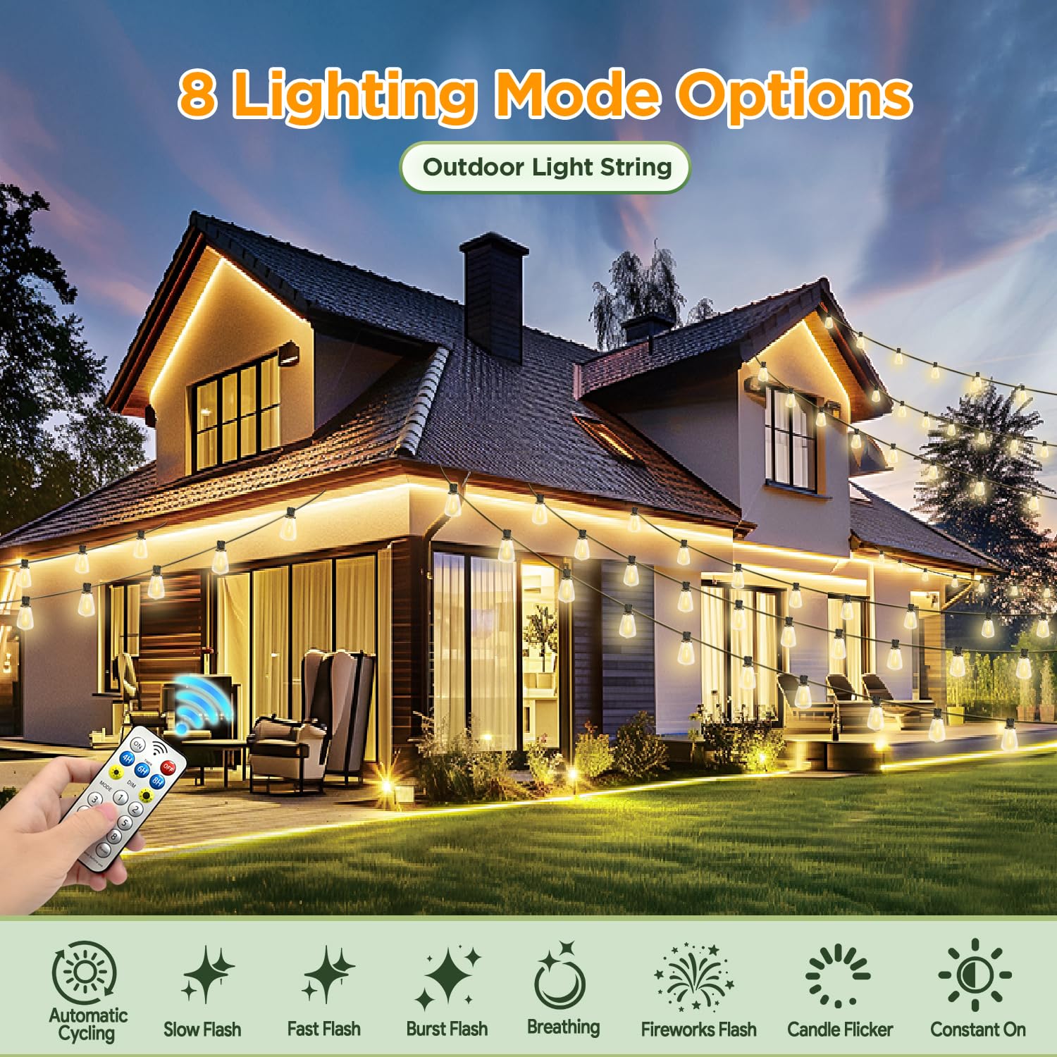100FT Solar String Lights Outdoor Waterproof with Remote & Timer, LED Shatterproof ST38 Bulbs, USB & Solar Powered Patio Lights for Backyard, Porch, Garden, Wedding Decor, Dusk to Dawn Lighting