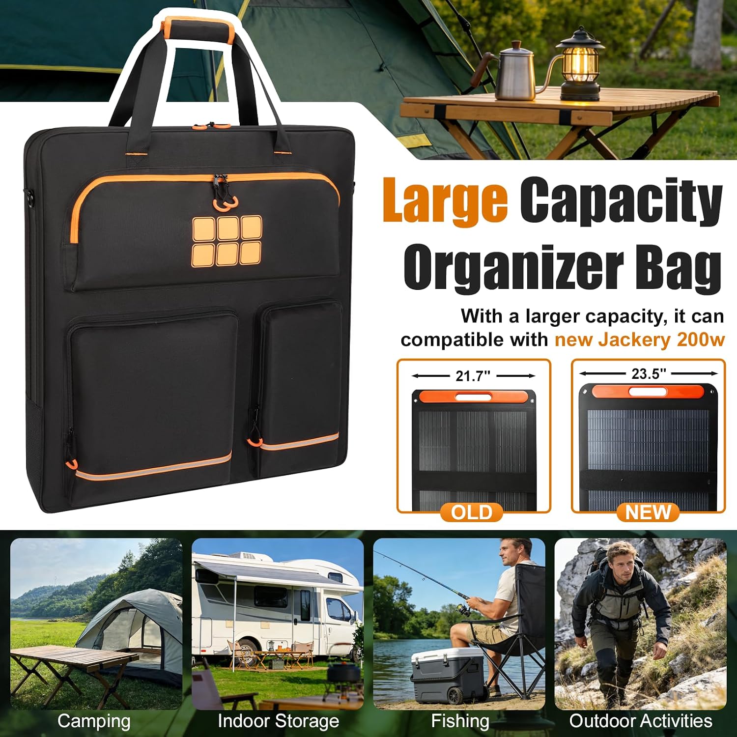 Solar Panel Storage Bag Fit for New Jackery SolarSaga 200W 100W | Orange Lining, Deepened Opening, Zipper with Pull, Multi-Accessory Space, Solar Panel Travel Carrying Case, Black
