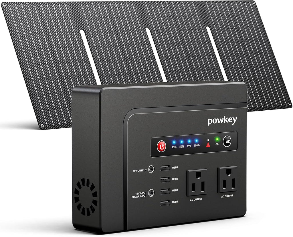 200W Solar Powered Generator, Portable Power Station with Solar Panel 40W | Powkey 146Wh Power Bank with 120V AC Outlet, Pure Sine Wave Lithium Battery for Outdoor Camping Emergency Home