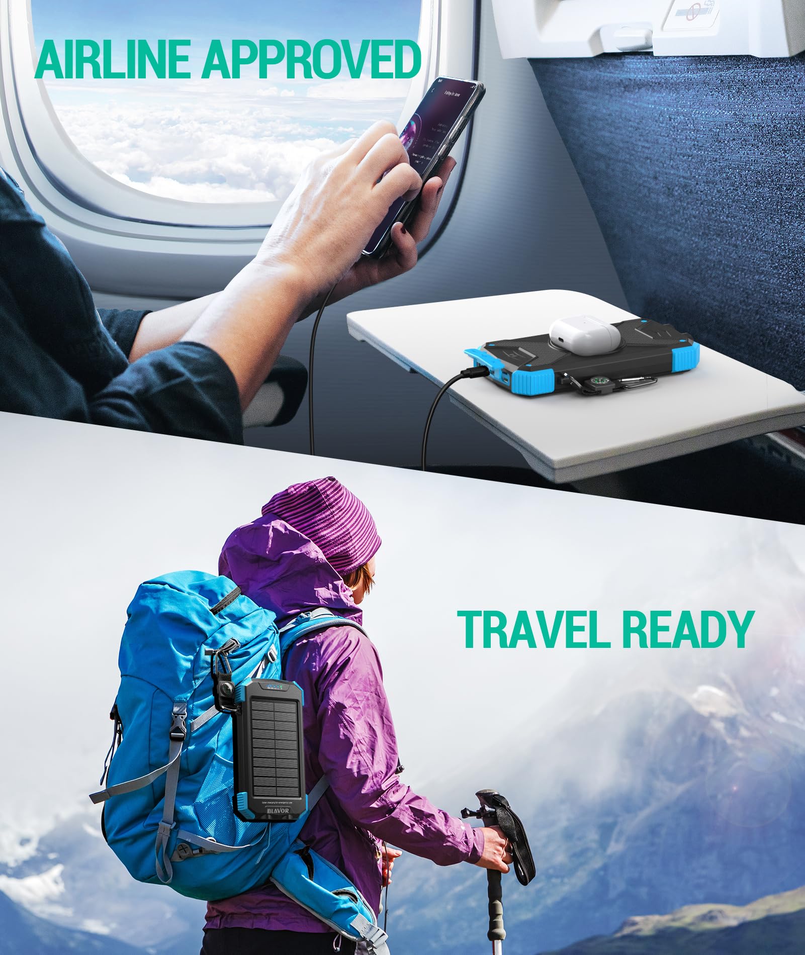 BLAVOR Solar Power Bank 10,000mAh, Portable Wireless Charger, 20W Fast Charging External Battery Pack with USB C for Cell Phones, Solar Panel Charging with Dual Flashlight for Camping