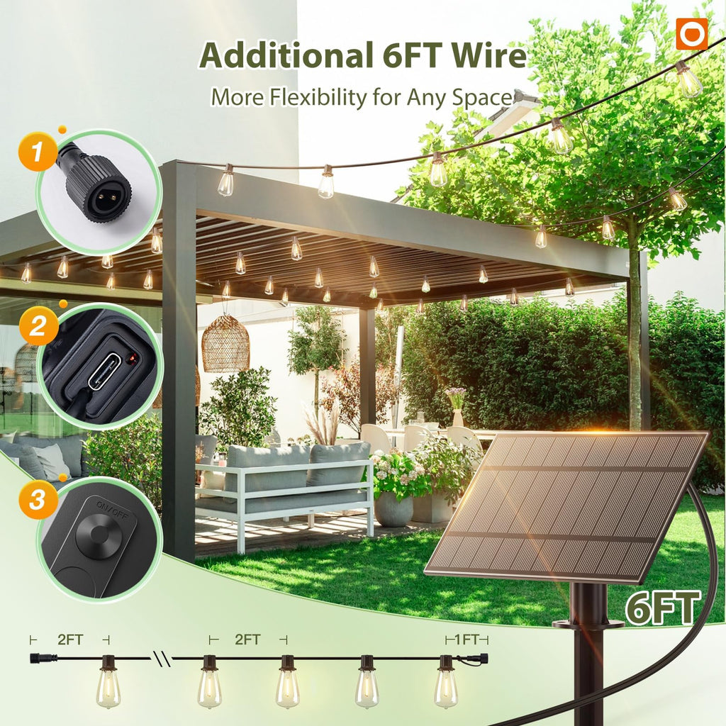 addlon 52(48+4) FT Solar String Lights Waterproof, Remote Dimmable 16+1 LED | Patio Lights Solar Powered with USB Port, Shatterproof Bulbs, 3 Light Modes, Timable Solar Light for Camping Backyard Garden