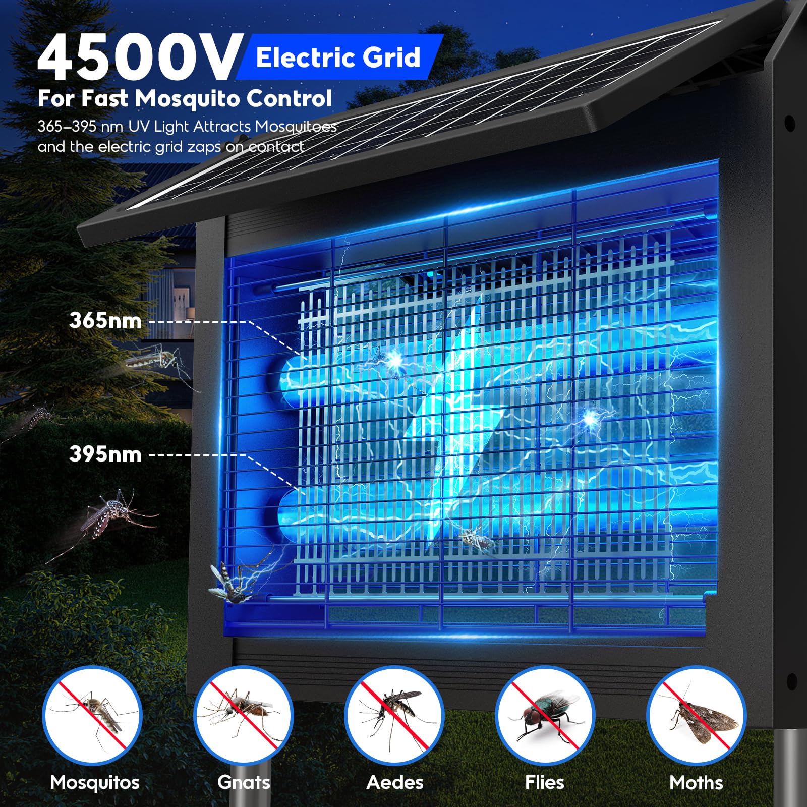 Solar Bug Zapper Outdoor, 4500V Electric Mosquito Zapper with Dual Solar Panels, Auto On/Off Mosquito Killer, IPX5 Waterproof Fly Trap for Backyard Patio Garden Camping, 1/2 Acre Coverage