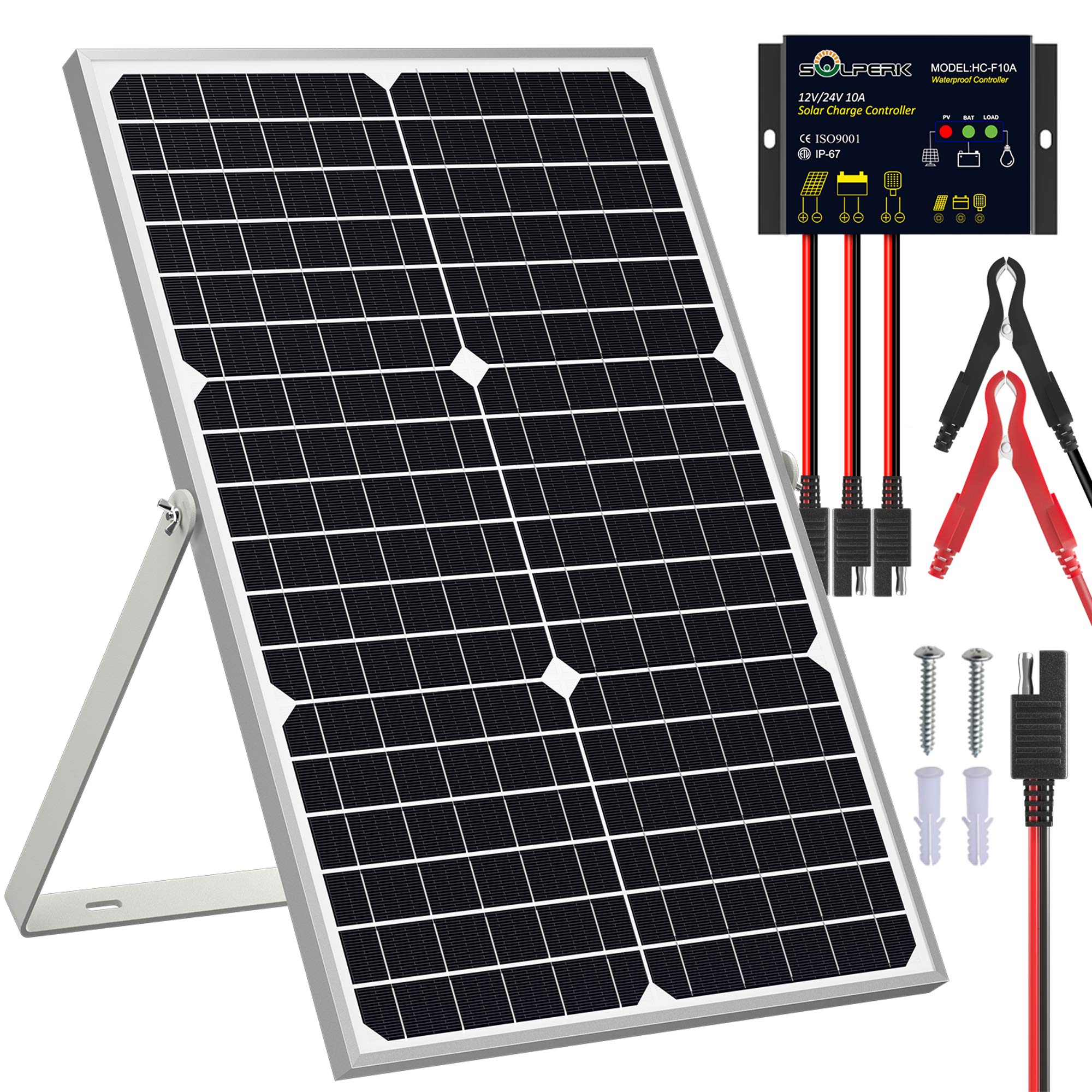 SOLPERK Solar Panel Kit 50W 12V, Waterproof Solar Battery Trickle Charger Maintainer + Smart MPPT Controller + Adjustable Mount Bracket for Boat Car RV Motorcycle(Without Mounting Bracket)