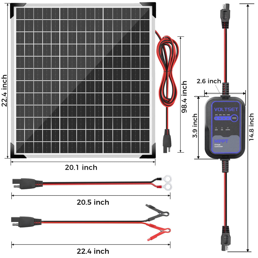 Voltset 12V Solar Battery Charger - 20W Waterproof Solar Panel Kit with Smart MPPT Controller - Trickle Charger Maintainer for Car RV Boat Marine Trailer Automotive Trailer Truck Motorcycle