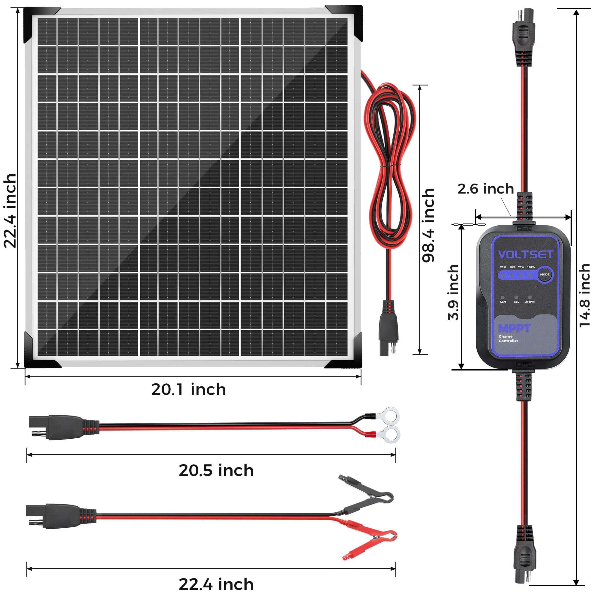 Voltset 12V Solar Battery Charger - 20W Waterproof Solar Panel Kit with Smart MPPT Controller - Trickle Charger Maintainer for Car RV Boat Marine Trailer Automotive Trailer Truck Motorcycle