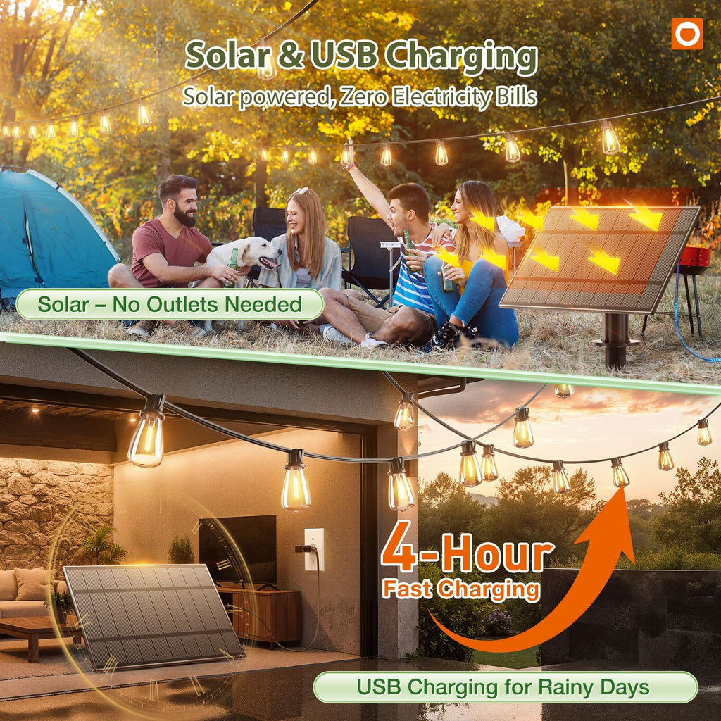 addlon 52(48+4) FT Solar String Lights Waterproof, Remote Dimmable 16+1 LED | Patio Lights Solar Powered with USB Port, Shatterproof Bulbs, 3 Light Modes, Timable Solar Light for Camping Backyard Garden