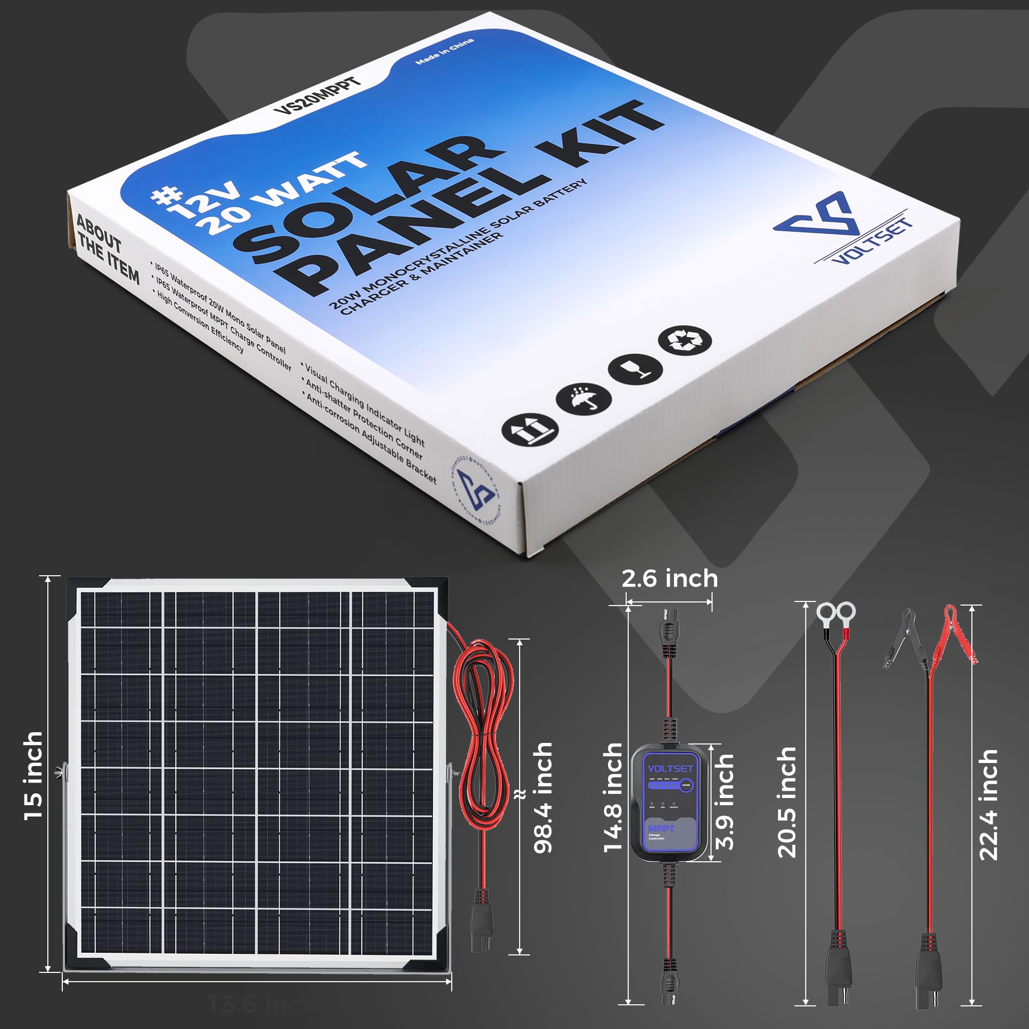 Voltset 12V Solar Battery Charger - 20W Waterproof Solar Panel Kit with Smart MPPT Controller - Trickle Charger Maintainer for Car RV Boat Marine Trailer Automotive Trailer Truck Motorcycle