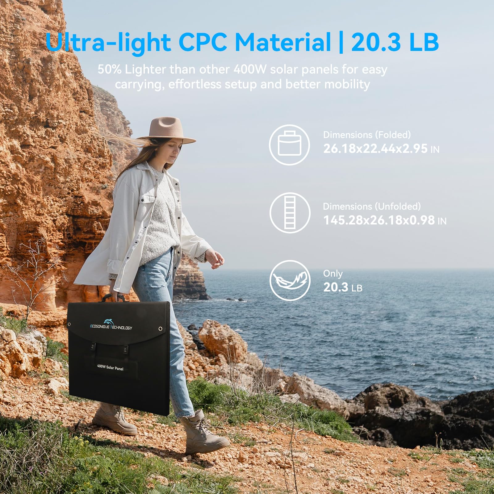 100W Portable Solar Panel CPC Material USB-C PD3.0 & 20V DC XT60 Anderson | Lightweight, Foldable, USB-A/C Fast Charging, 3m DC Cable, IP65 Waterproof for Camping, Power Station, Generator, Cell Phone