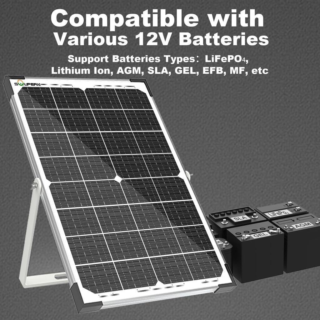 SOLPERK Solar Panel Kit 50W 12V, Waterproof Solar Battery Trickle Charger Maintainer + Smart MPPT Controller + Adjustable Mount Bracket for Boat Car RV Motorcycle(Without Mounting Bracket)