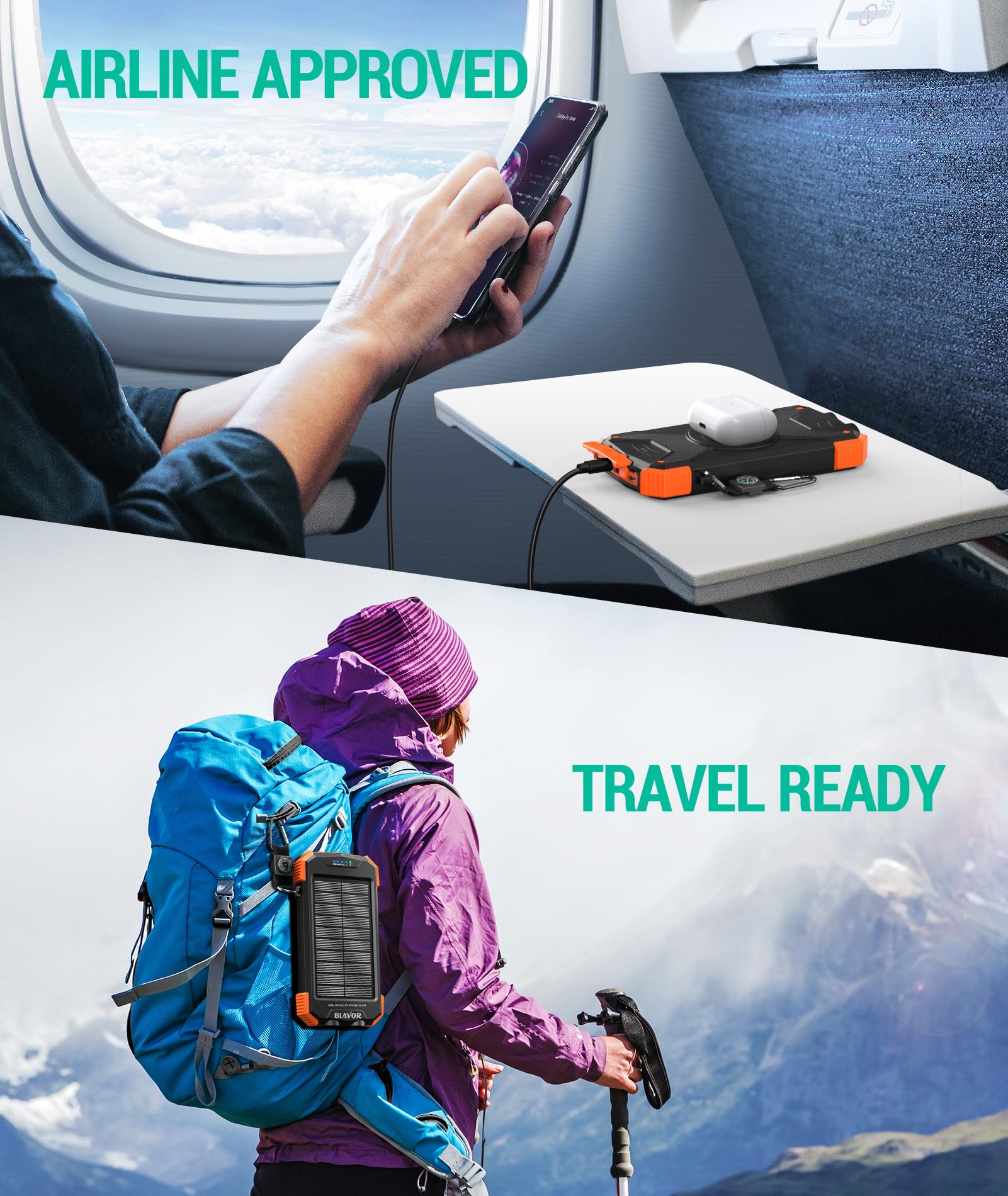 BLAVOR Solar Power Bank 10,000mAh, Portable Wireless Charger, 20W Fast Charging External Battery Pack with USB C for Cell Phones, Solar Panel Charging with Dual Flashlight for Camping