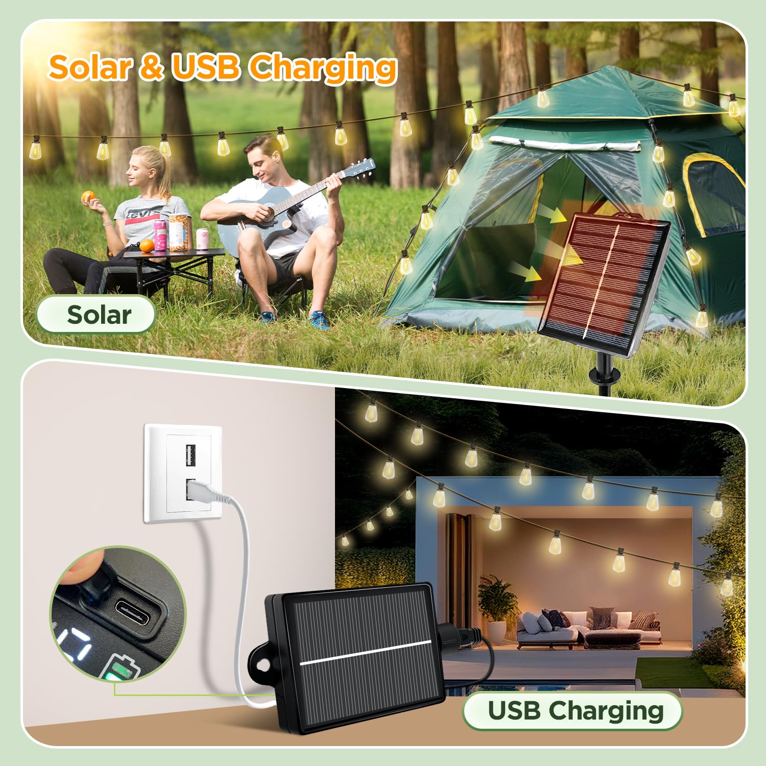 100FT Solar String Lights Outdoor Waterproof with Remote & Timer, LED Shatterproof ST38 Bulbs, USB & Solar Powered Patio Lights for Backyard, Porch, Garden, Wedding Decor, Dusk to Dawn Lighting