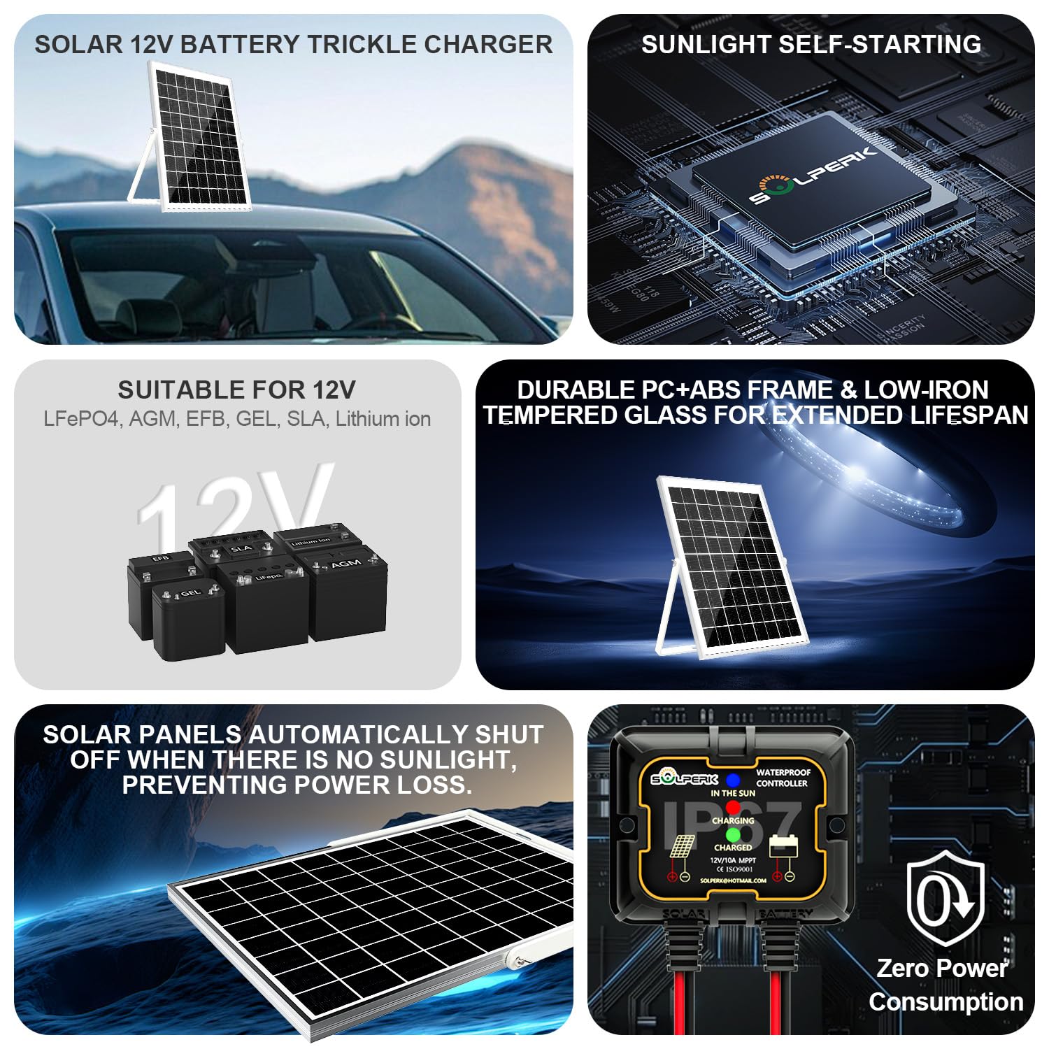 SOLPERK Solar Panel Kit 50W 12V, Waterproof Solar Battery Trickle Charger Maintainer + Smart MPPT Controller + Adjustable Mount Bracket for Boat Car RV Motorcycle(Without Mounting Bracket)
