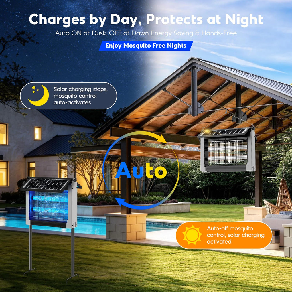 Solar Bug Zapper Outdoor, 4500V Electric Mosquito Zapper with Dual Solar Panels, Auto On/Off Mosquito Killer, IPX5 Waterproof Fly Trap for Backyard Patio Garden Camping, 1/2 Acre Coverage