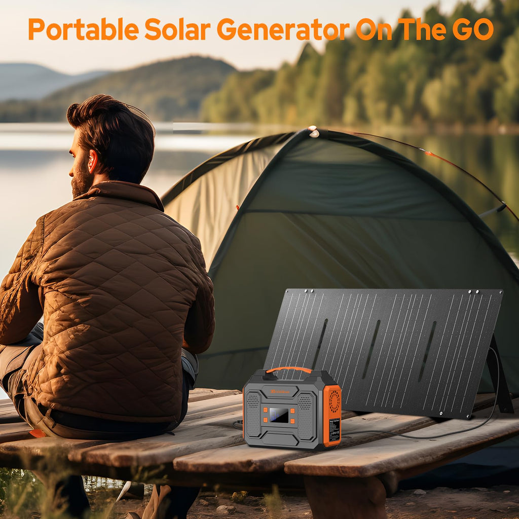 Portable Solar Generator, 300W Portable Power Station with Foldable 60W Solar Panel,110V Pure Sine Wave 280Wh Battery Power Pack with USB DC AC Outlet for Camping Smart Devices RV Van Outdoor-Orange