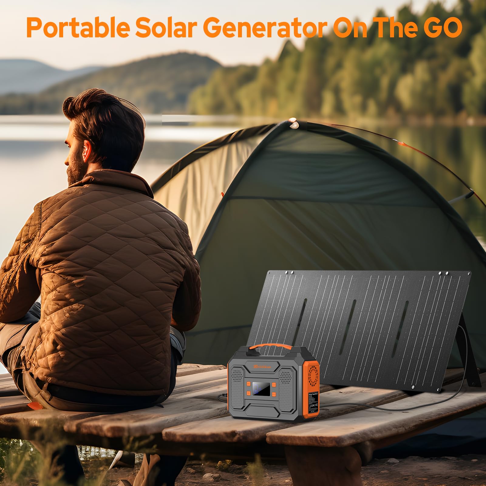 Portable Solar Generator, 300W Portable Power Station with Foldable 60W Solar Panel,110V Pure Sine Wave 280Wh Battery Power Pack with USB DC AC Outlet for Camping Smart Devices RV Van Outdoor-Orange