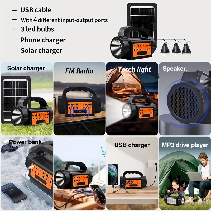 Solar Rechargeable Camping Lights Outdoor, Powered Portable LED Camping Lantern, Mini Power Station, Solar Kit Lighting System, Generator, Power Bank, Torch Flash Flood Search Emergency Light with USB Speaker FM MP3 Drive 3 Led Bulbs