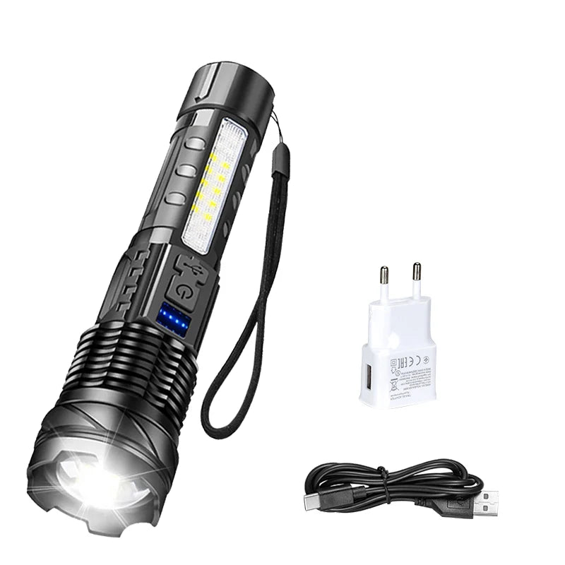 Powerful LED Flashlight Battery Display USB Rechargeable Light Telescopic Zoom Torch Lamp Outdoor Camping Fishing Lantern