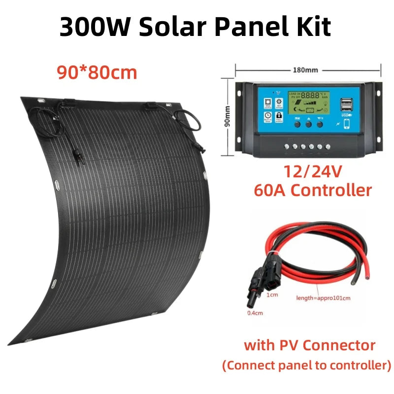 300W Flexible Solar Panel 18V Flexible Solar Cell Battery Charger Solar Plate With/No 60A Controller for Outdoor Camping RV Boat